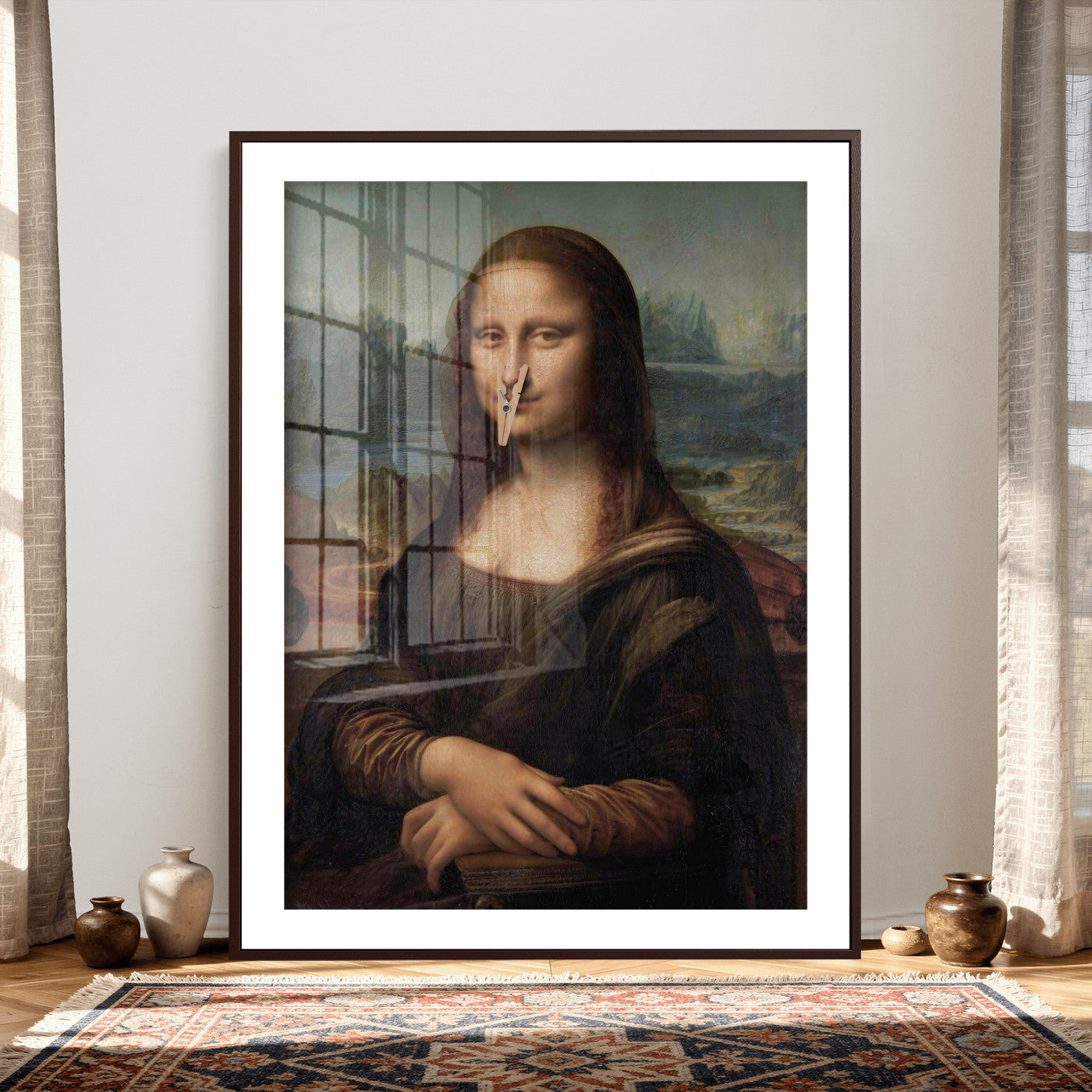 59125950-MGV-CV-24X36 - Funny Bathroom Canvas Wall Art Print, Mona Lisa Clothespin Nose Humor Decor, Classic Art Parody, Toilet Room Wall Art, Quirky Housewarming Gift, Eclectic Home Decor