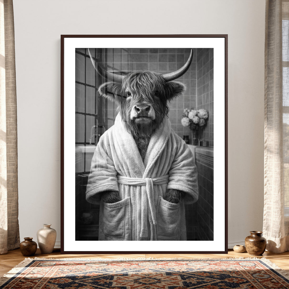 Funny Bathroom Wall Art Canvas Print, Highland Cow in Bathrobe