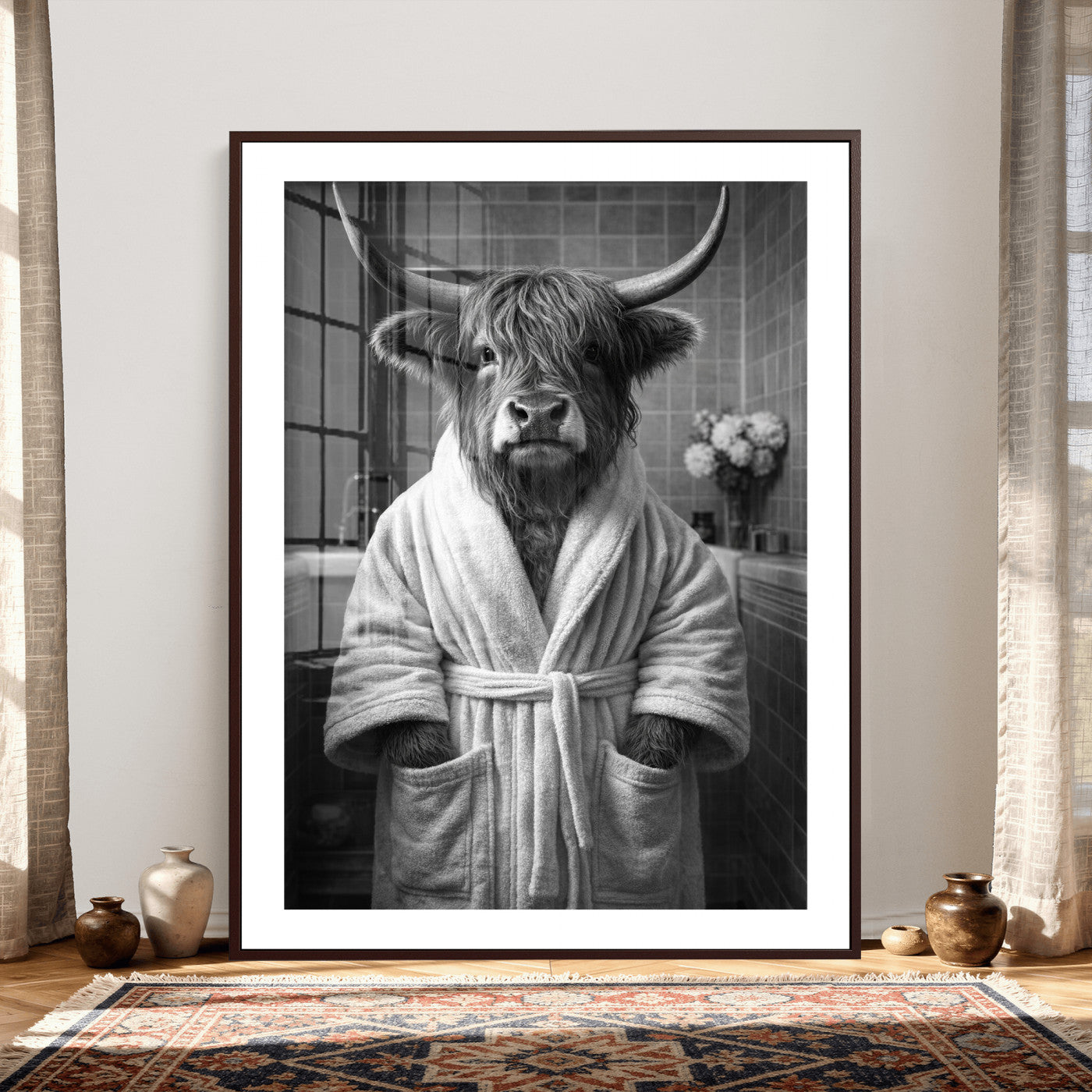 98453723-MGV-CV-24X36 - Funny Bathroom Wall Art Canvas Print, Highland Cow in Bathrobe, Black and White Humor Decor, Animal Bathroom Print, Farmhouse Bathroom Art