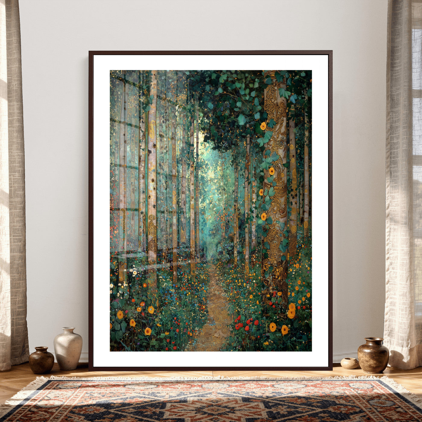 76587981-MGV-CV-24X36 - Gustav Klimt Style Forest Canvas Wall Art, Golden Forest Path Floral Art Nouveau Print, Enchanted Woodland Decor, Maximalist Colorful Nature Art