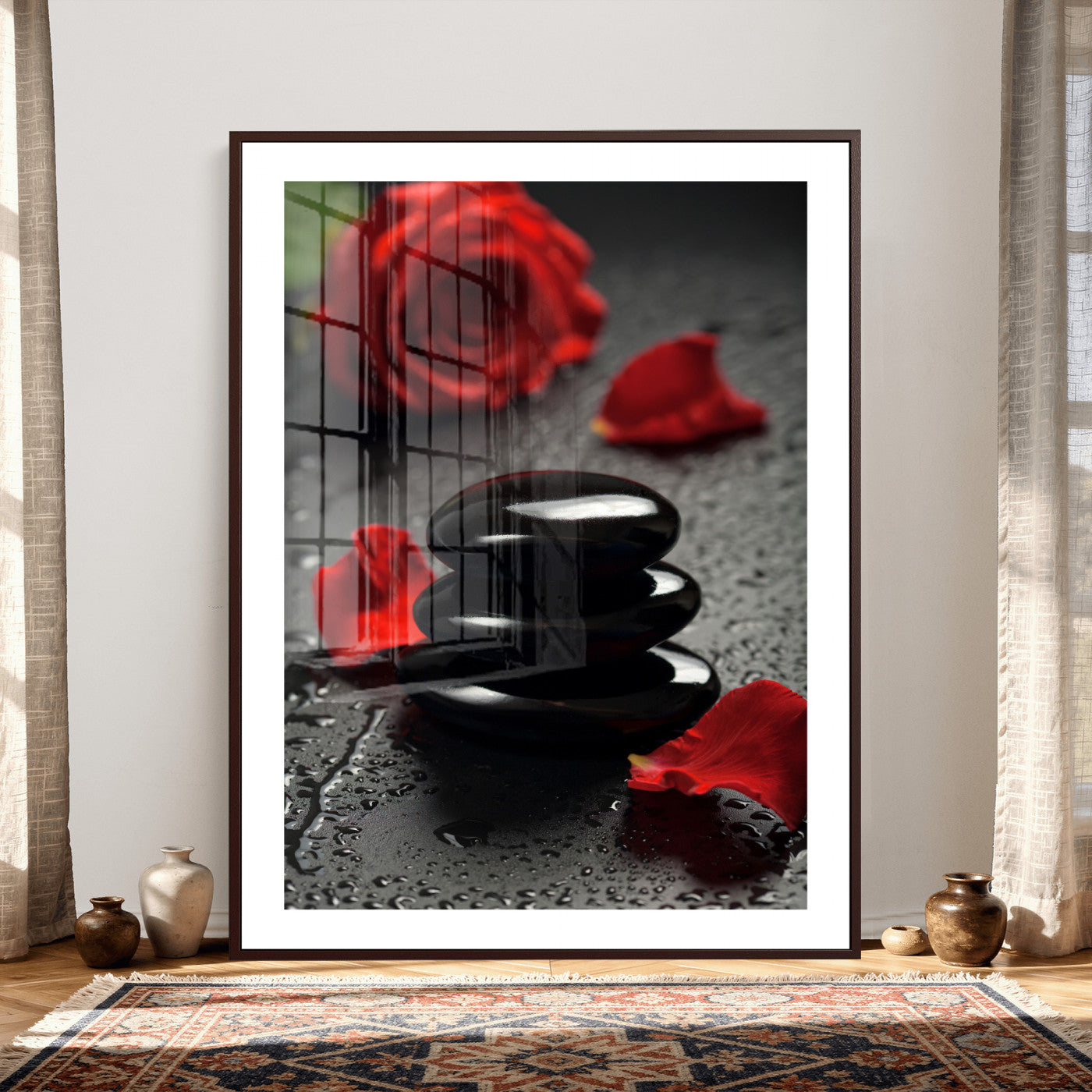 37334763-MGV-CV-24X36 - Black Lava Stone Rose Canvas | Red Rose Spa Photography Print | Stacked Stones Dark Luxury Wall Art | Dramatic Bathroom Decor