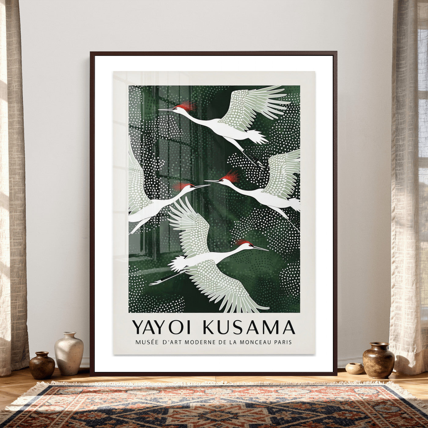 63036906-MGV-CV-24X36 - Yayoi Kusama Crane Bird Wall Art Canvas Print, Japanese Inspired Flying Heron Framed Artwork, Green Botanical Nature Decor for Living Room Bedroom Office