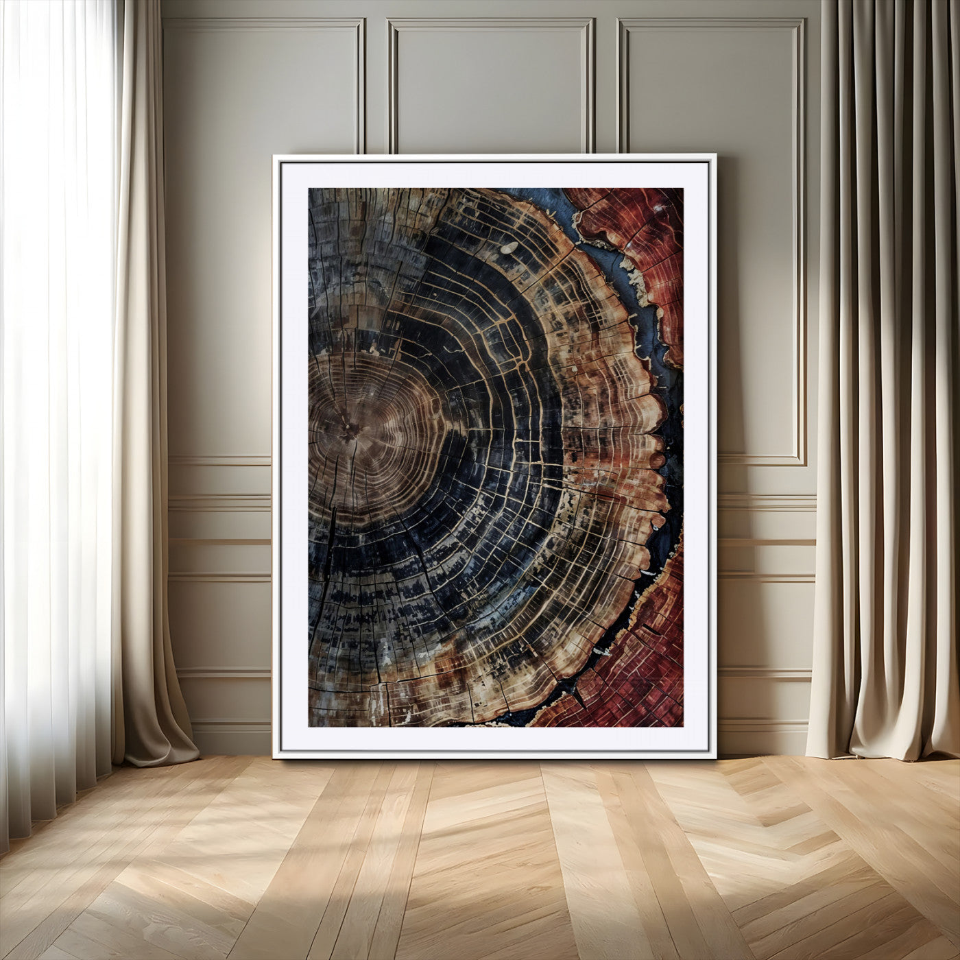 TEST3001-MGC-FP-24x36_White-Framed Tree Rings Wall Art Canvas Print, Rustic Wood Print, Framed Natural Texture Art Print, Large