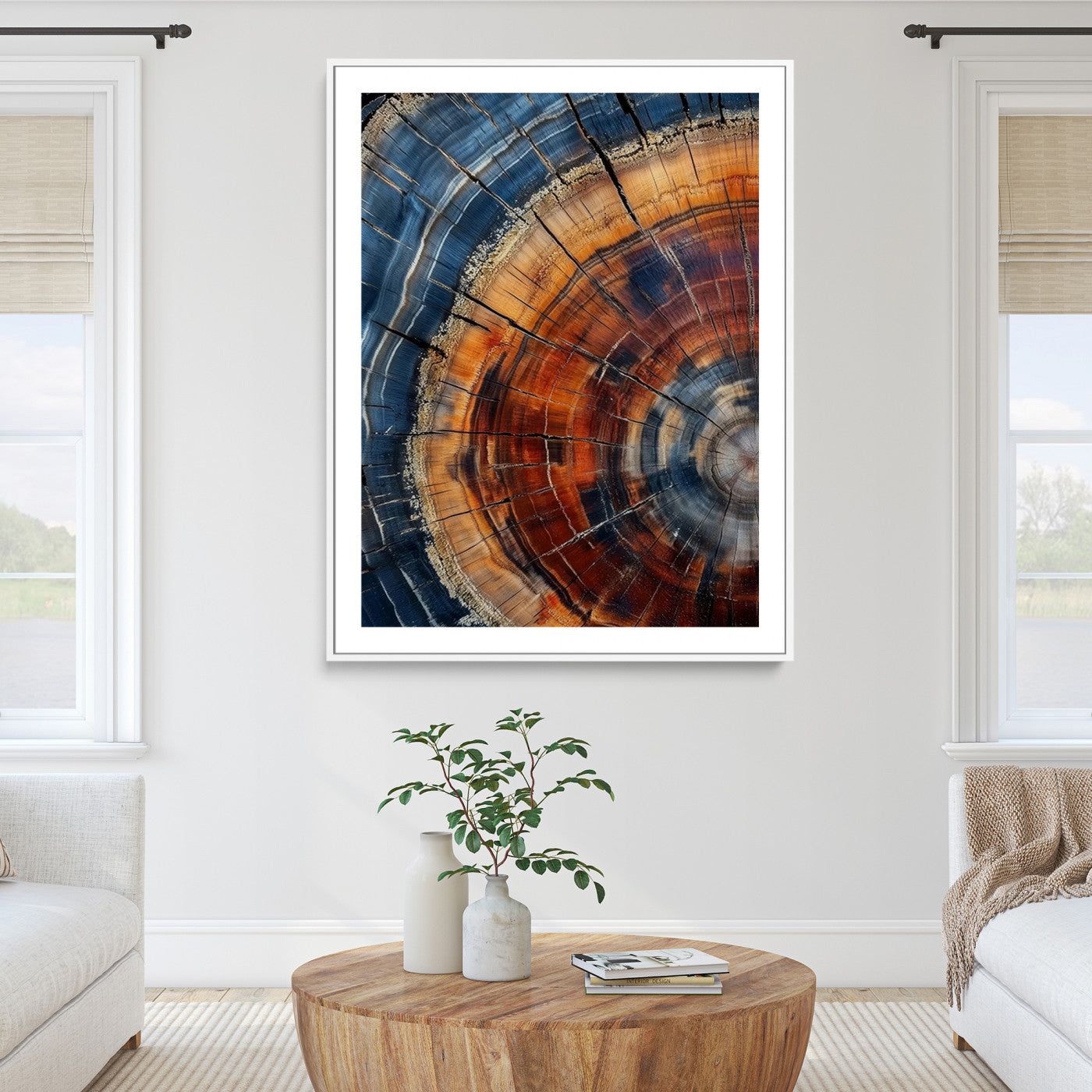 38379387-MGC-FP-36x24_White-Tree Rings Wall Art Canvas Print – Blue Wood Grain Rustic Texture Natural Earthy Nature Artwork for Home Office