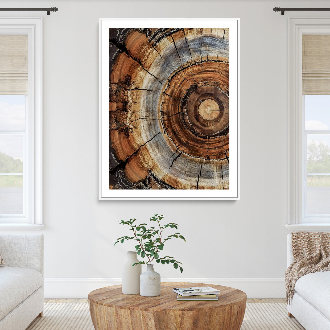 28233914-MGC-FP-36x24_White-Tree Rings Wall Art Canvas Print – Rustic Wood Grain Pattern Natural Rings Earthy Artwork for Home, Office, Living Room