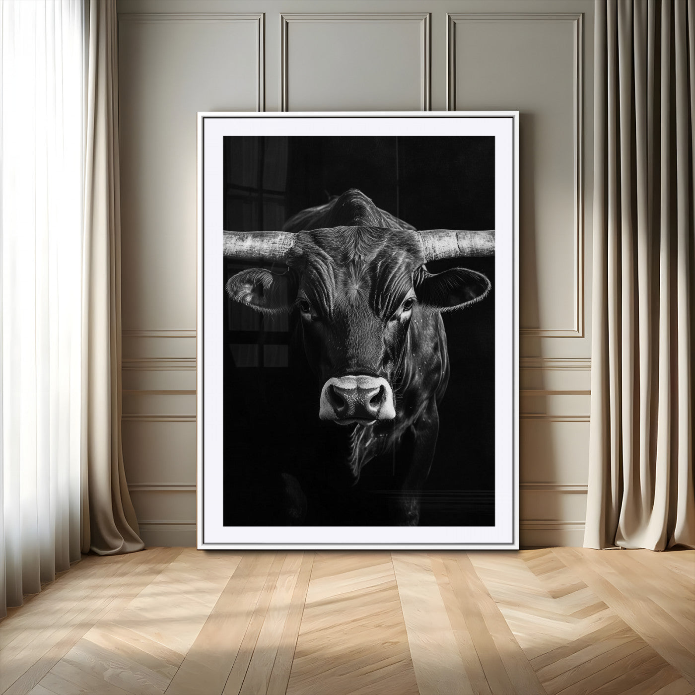 75358747-MGC-FP-24x36_White-Texas Longhorn Wall Art Canvas Print, Framed Monochrome Bull Art Picture Print, Horned Bull Perfect Minimalist Western Decor Artwork
