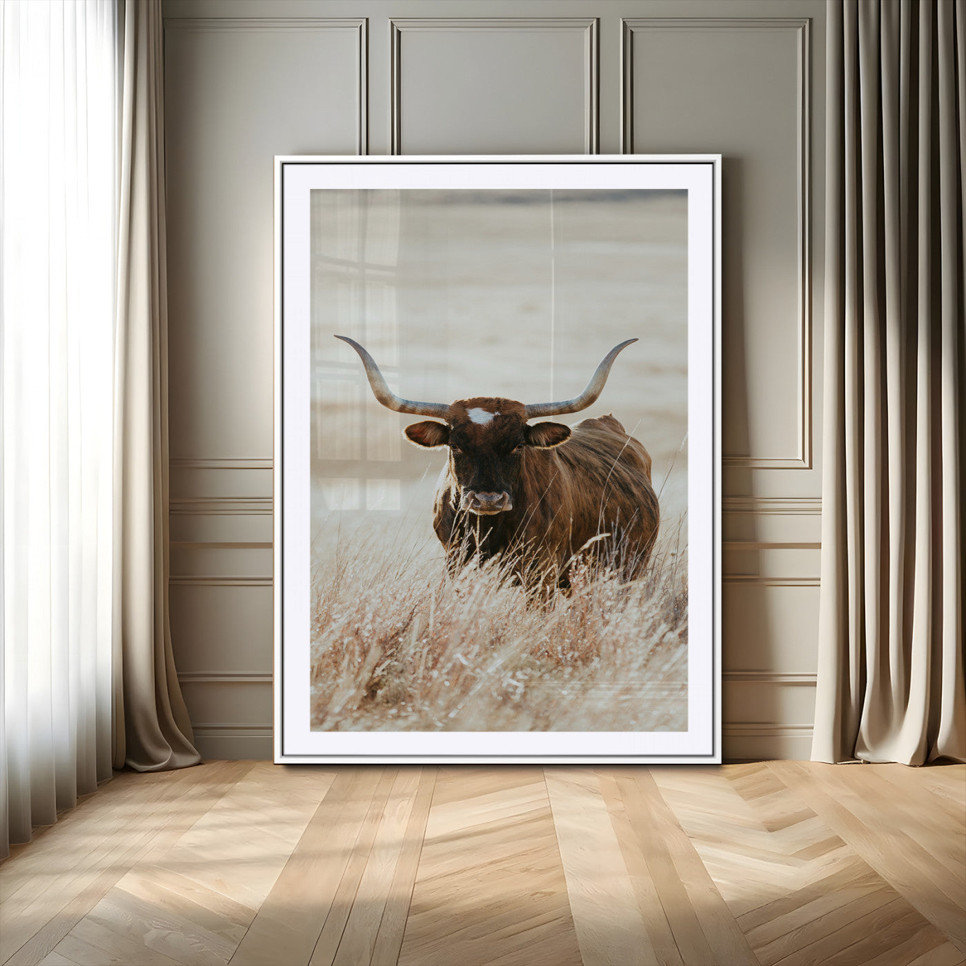 -Texas Longhorn Wall Art Canvas Print, Framed Brown Cattle Art Picture Print, Horned Bull Perfect Rustic Western Decor Artwork