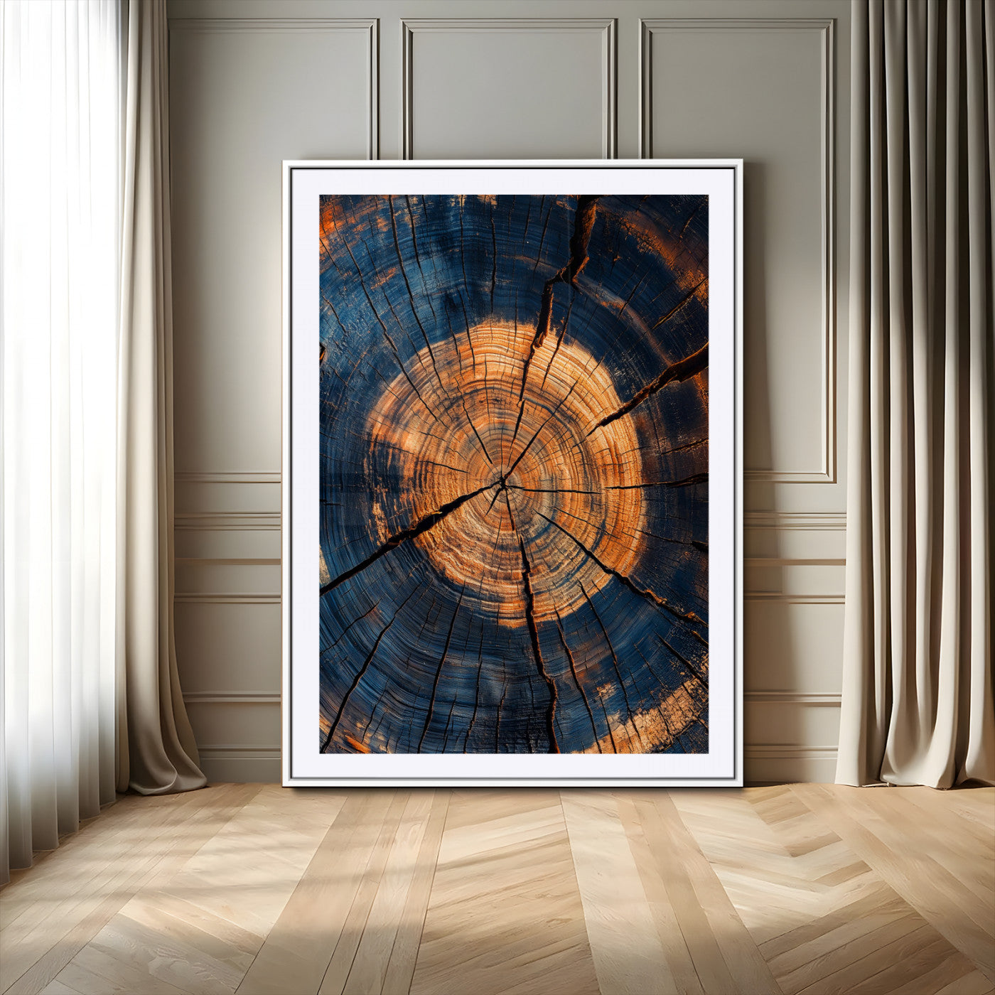 70513247-MGC-FP-24x36_White-Tree Rings Wall Art Canvas Print – Rustic Wood Grain Texture Framed Industrial Nature Artwork for Home Office, Living Room
