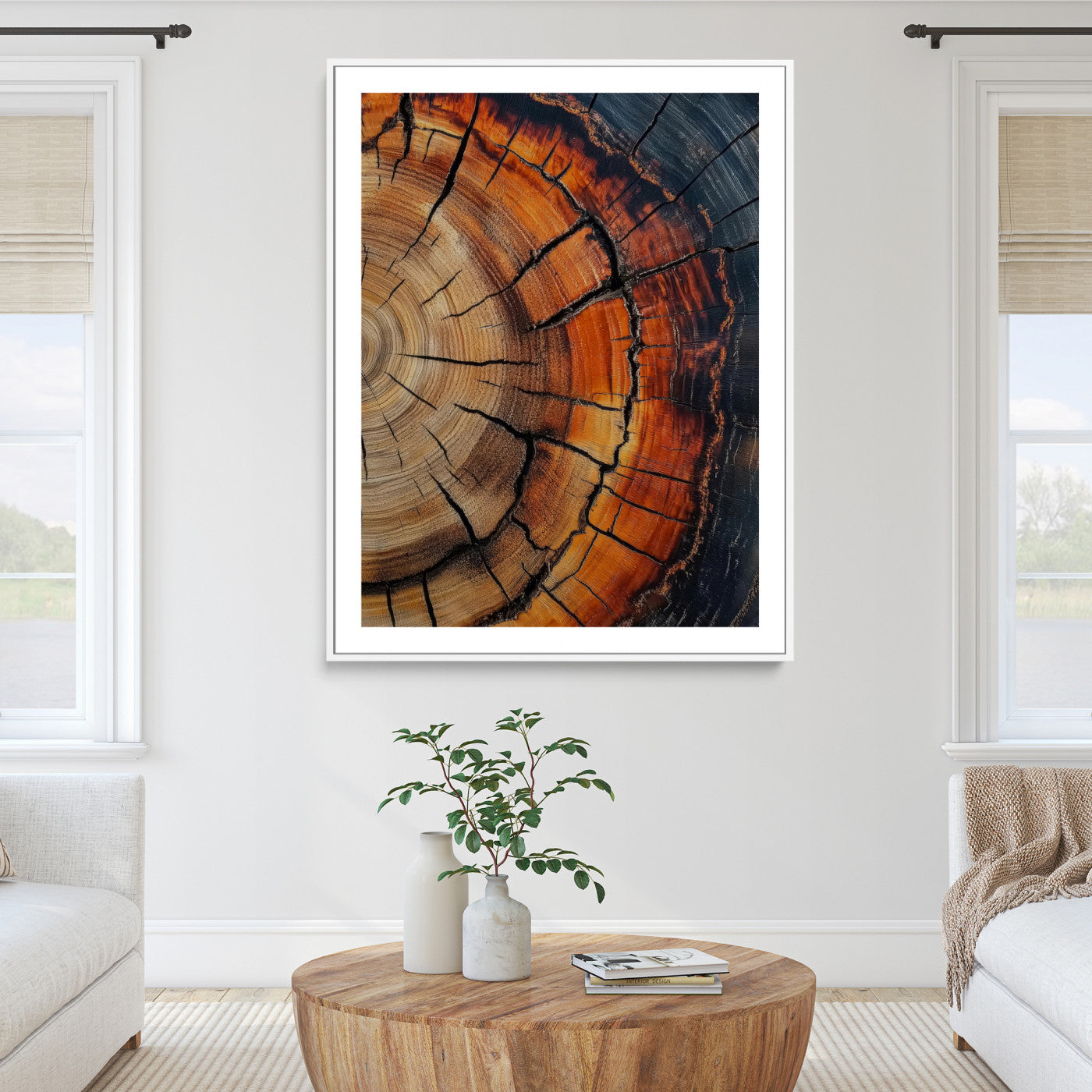12078265-MGC-FP-36x24_White-Tree Rings Wall Art Canvas Print – Framed Burnt Wood Rustic Nature Growth Rings Organic Artwork for Home Office