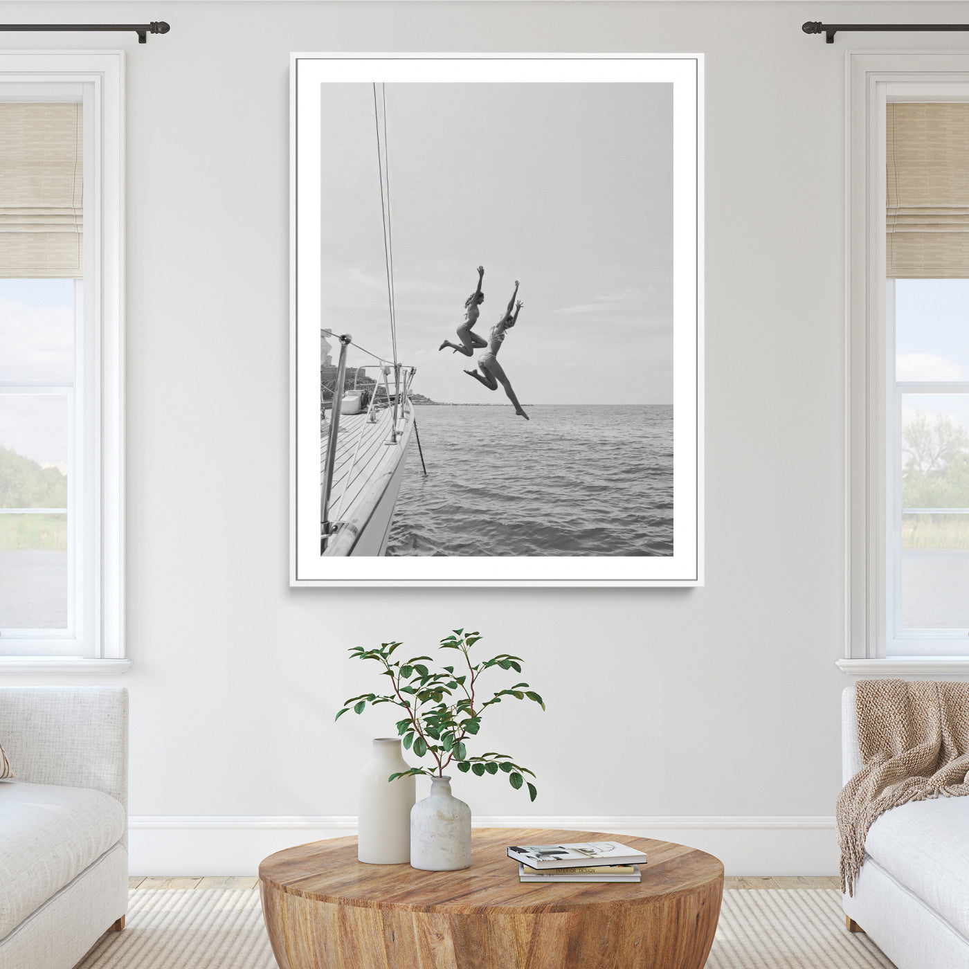 74555508-MGC-FP-36x24_White-Sailing Wall Art Canvas Print, Framed Ocean Adventure Art Picture Print, Summer Perfect Minimalism