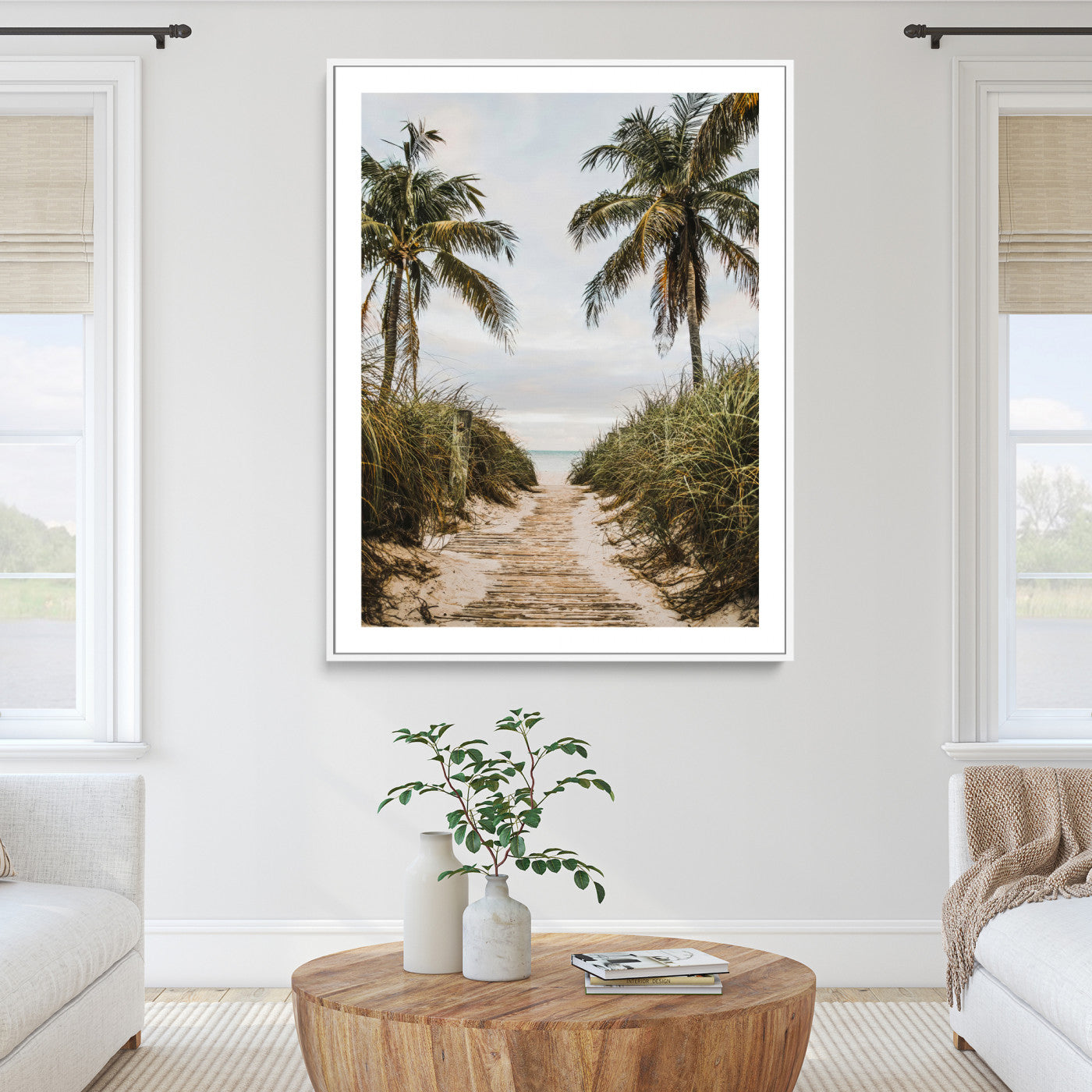 47319550-MGC-FP-36x24_White-Tropical Beach Wall Art Canvas Print – Framed Coastal Palm Tree Scene with Rustic Sand Ocean Artwork for Home, Office