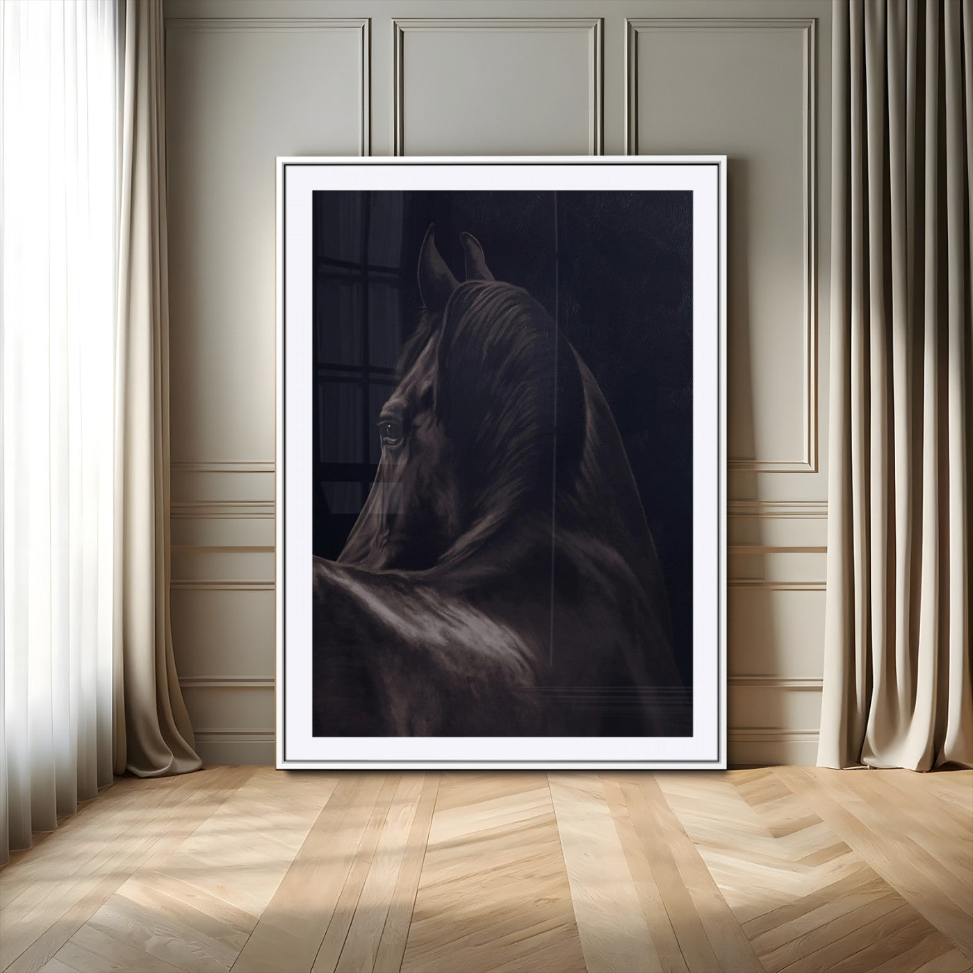 77538596-MGV-CV-24X36 - Dark Horse Wall Art – Majestic Silhouette Canvas Print, Sleek Mane, Graceful Strength, Elegant Equine Form, Timeless Beauty Decor for Home or Office