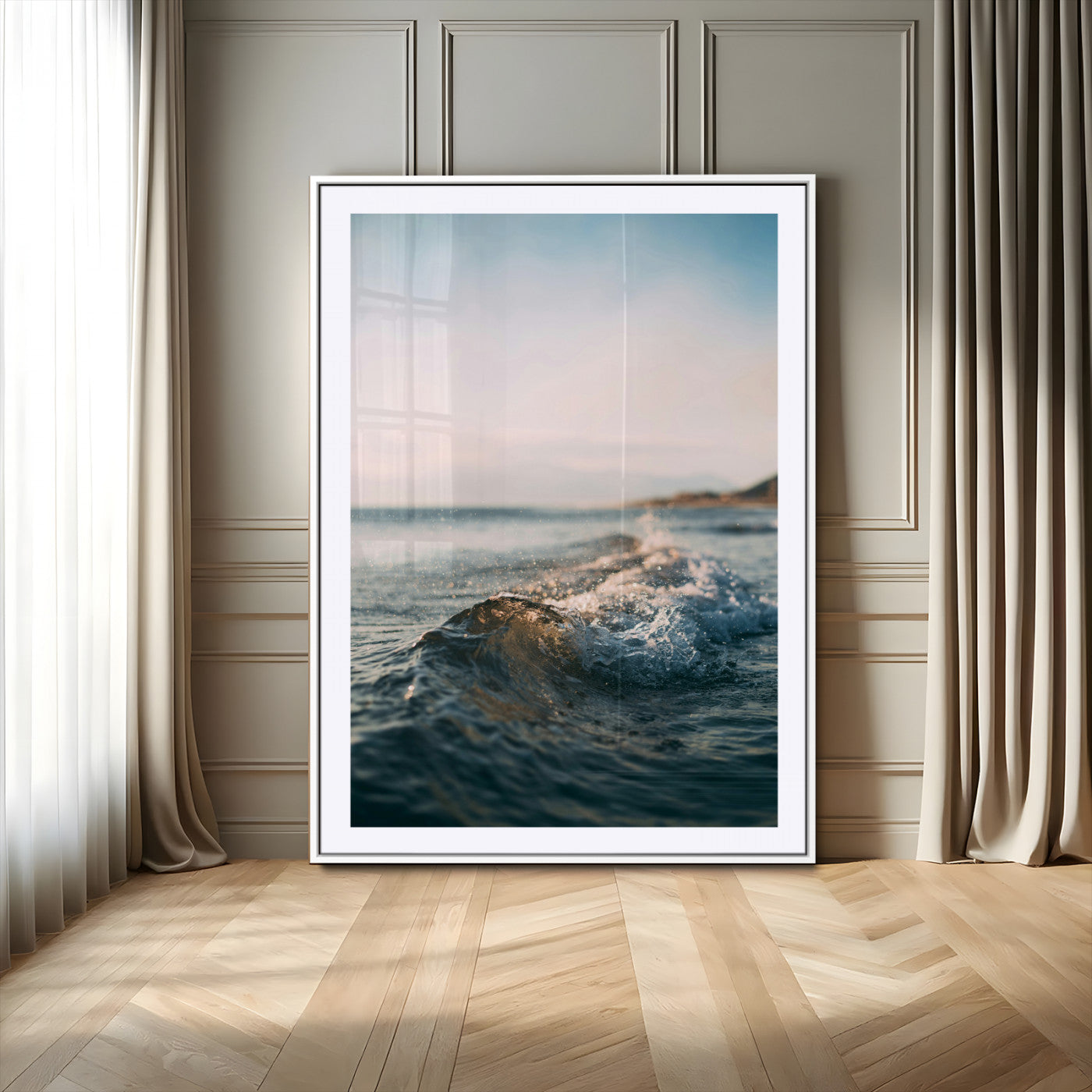 -Ocean Waves Wall Art Canvas Print – Framed Coastal Serenity Golden Hour Modern Nature Scene Artwork for Home Office
