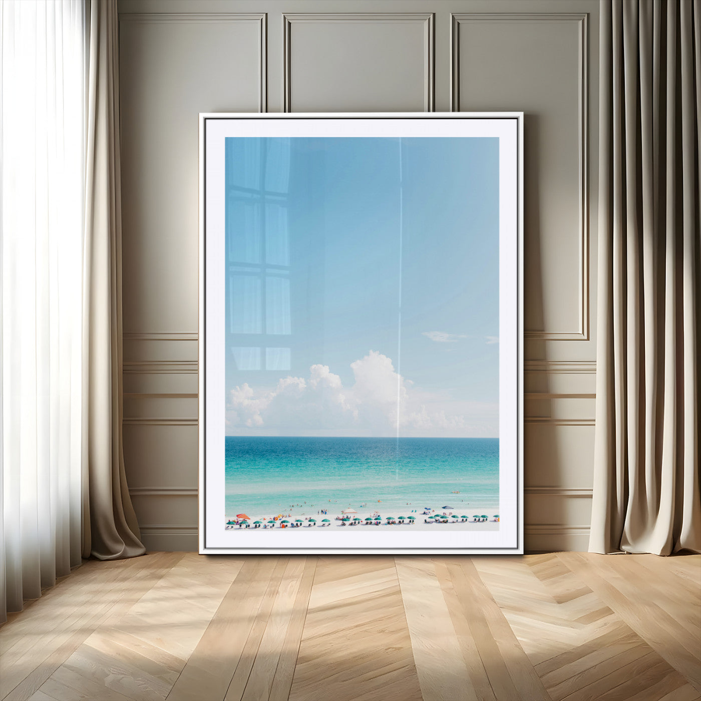 62954953-MGC-FP-24x36_White-Turquoise Ocean Wall Art Canvas Print – Framed Coastal Serenity White Sand Beach Artwork for Home Office