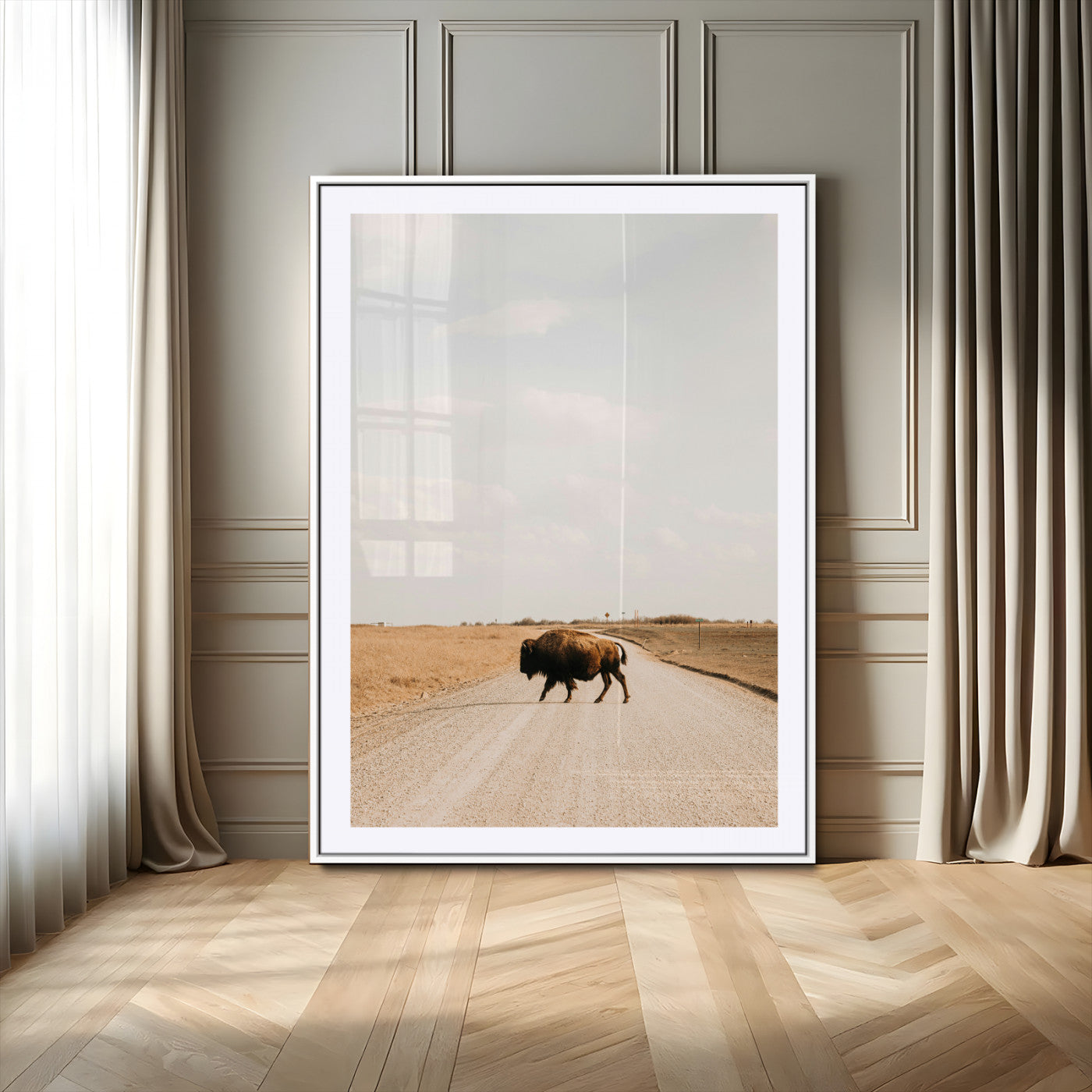63874278-MGC-FP-24x36_White-Bison Crossing Wall Art Canvas Print – Framed Western Prairie Road Landscape Nature Scene Artwork for Home Office