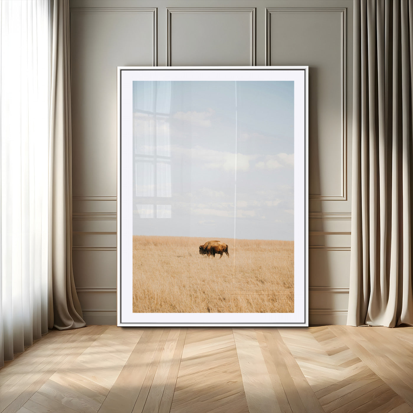 -Minimalist Nature Wall Art Canvas Print – Framed Bison Grassland Open Field Nature Scene Artwork for Home Office