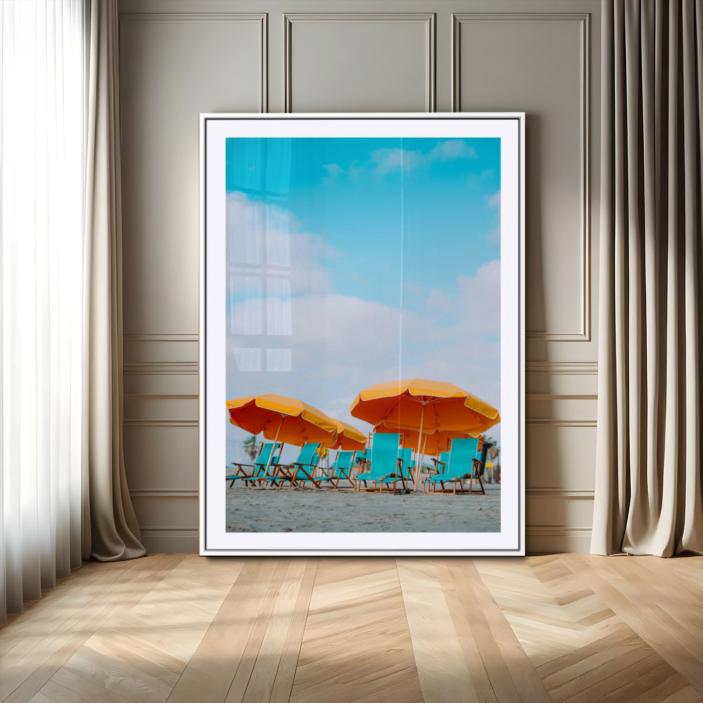 20422711-MGV-CV-24X36-Beach Umbrellas Wall Art Canvas Print – Framed Tropical Coastal Paradise Nature Scene Artwork for Home Office