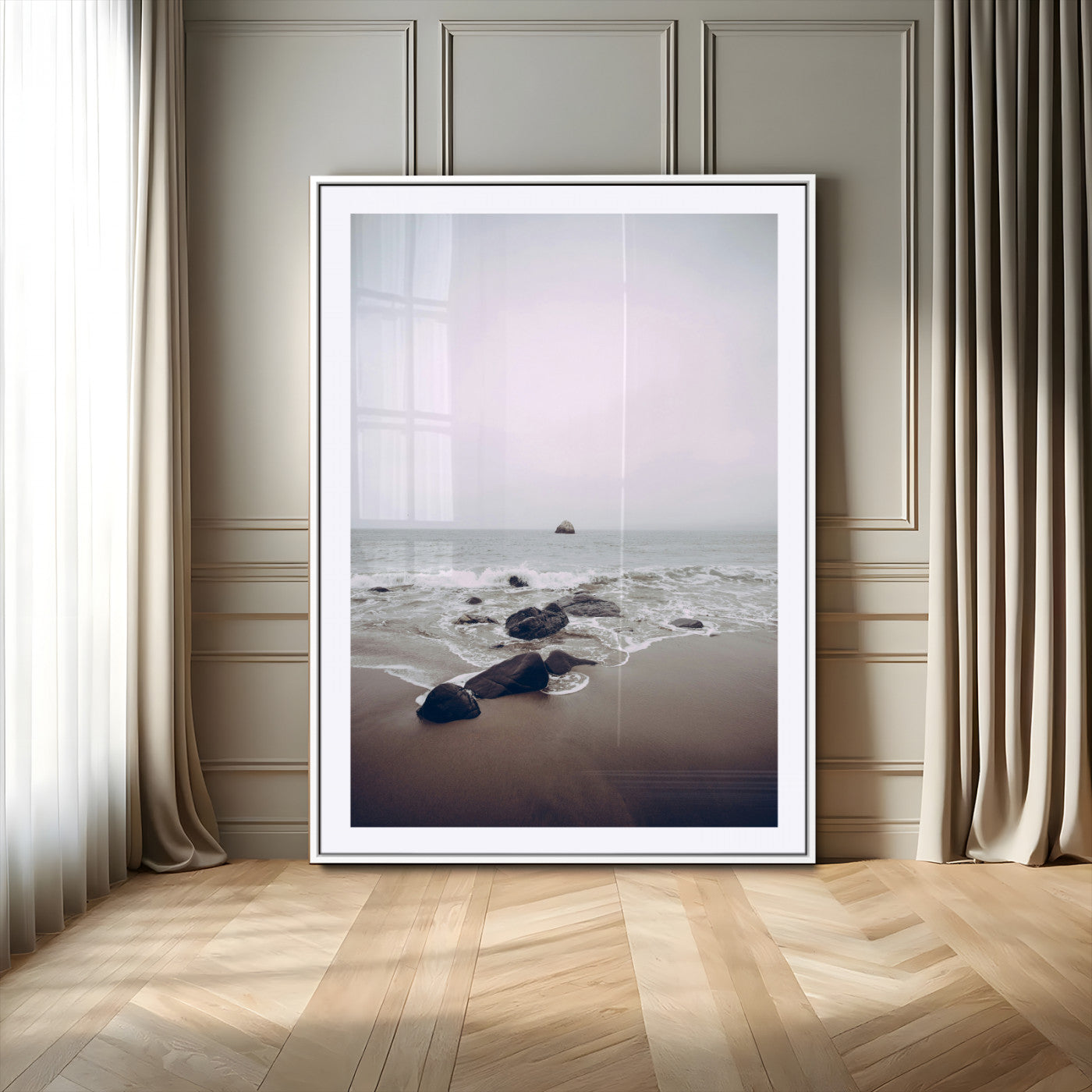 -Moody Seascape Wall Art Canvas Print – Framed Neutral Foggy Ocean Beach Nature Scene Artwork for Home Office