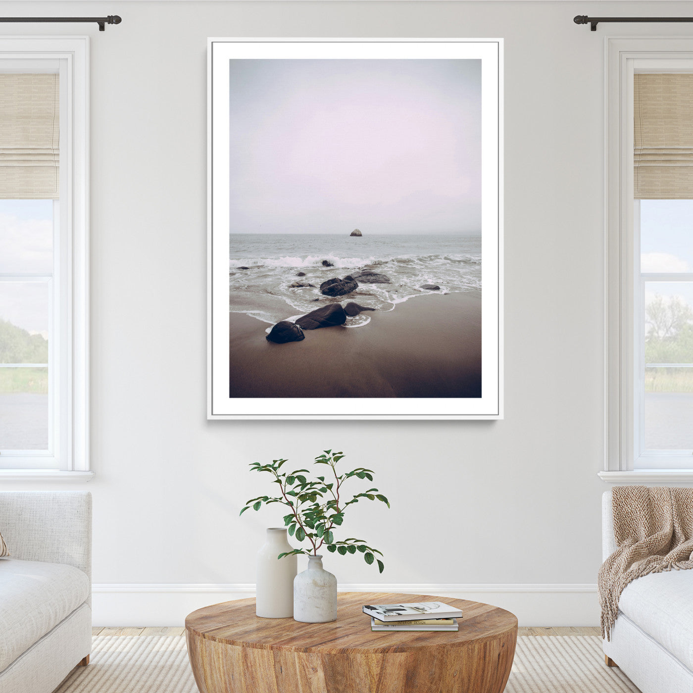 38272740-MGC-FP-24x36_White-Moody Seascape Wall Art Canvas Print – Foggy Ocean Waves Neutral Beach Scene Tranquil Coastal Nature Artwork for Home Office