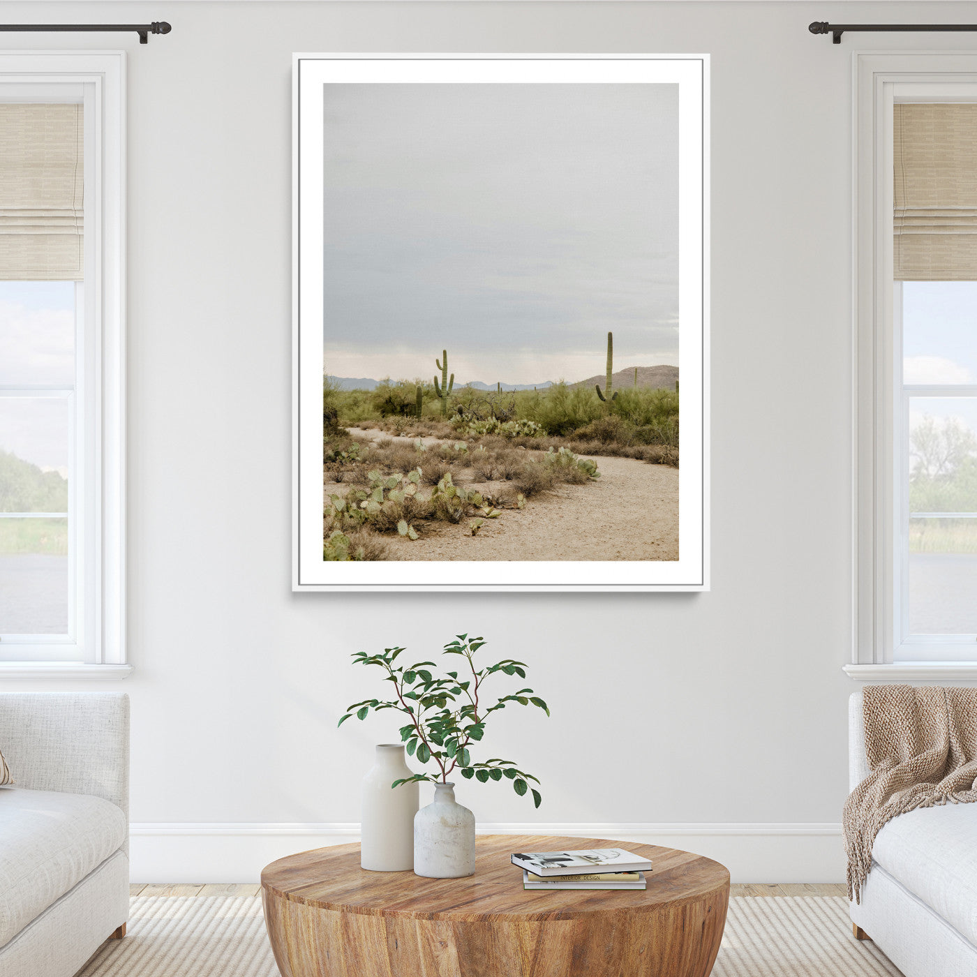 55042528-MGC-FP-24x36_White-Desert Landscape Wall Art Canvas Print – Cacti and Shrubs Pathway Natural Southwestern Scene Framed Artwork for Home Office