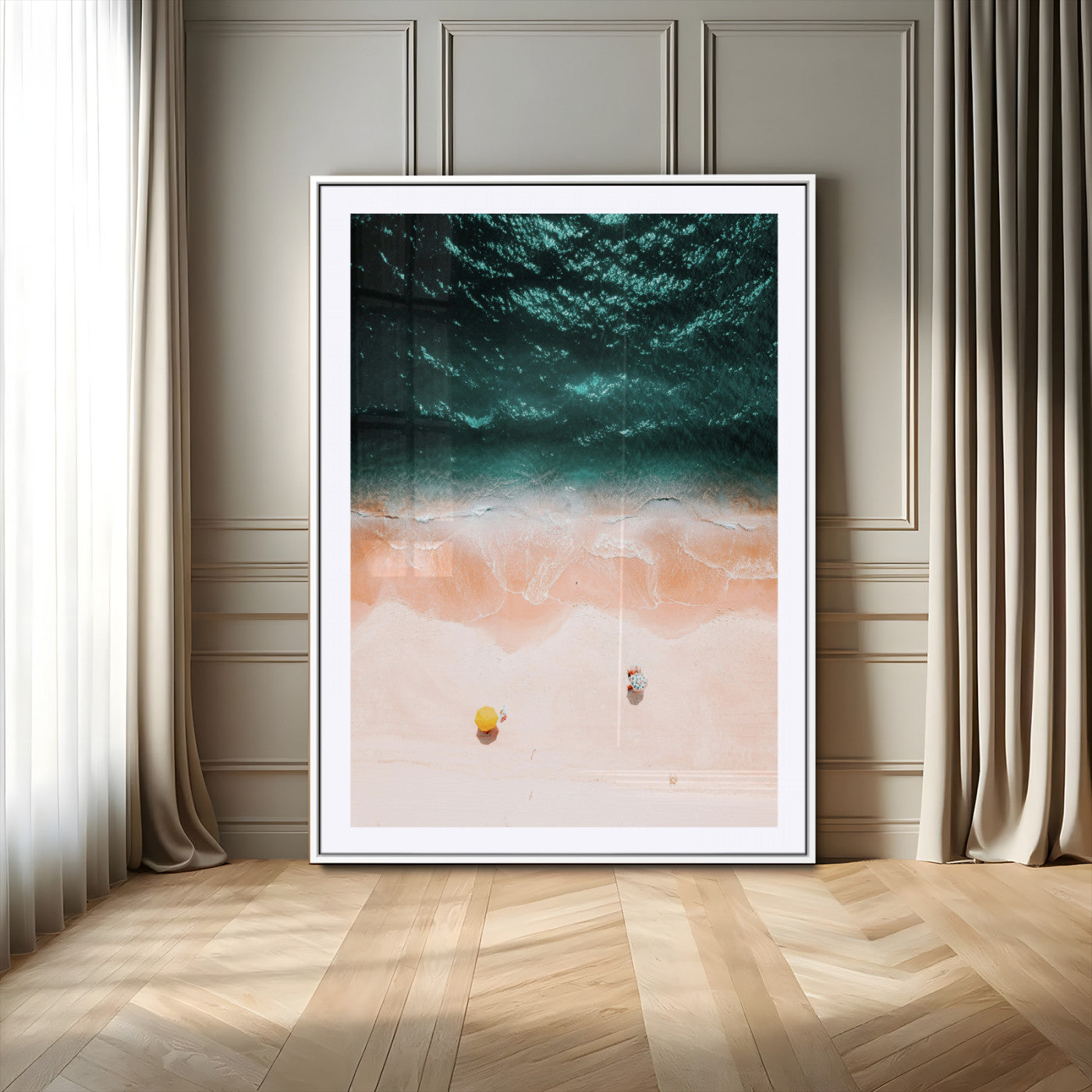 44468317-MGC-FP-24x36_White-Aerial Serenity Wall Art Canvas Print – Gentle Waves Peach Shore Yellow Umbrella Peaceful Beach Coastal Decor Artwork for Home