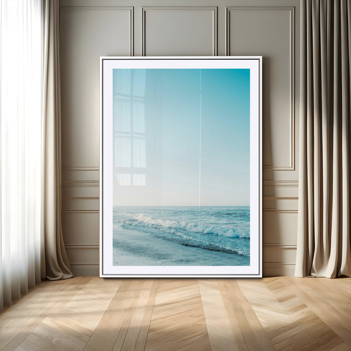 20189712-MGC-FP-24x36_White-Minimalist Ocean Wall Art Canvas Print – Framed Calm Seascape Soft Blue Tones Nature Scene Artwork for Home Office