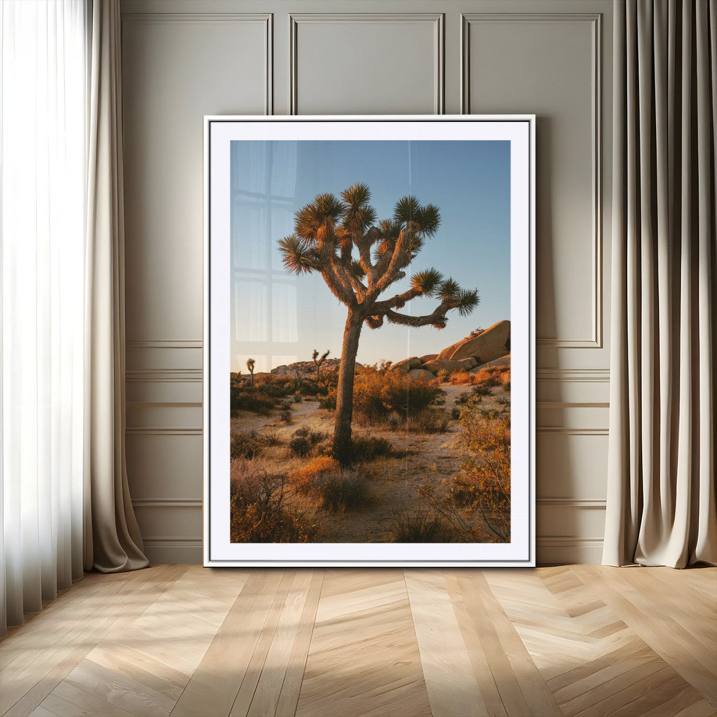 96503558-MGC-FP-24x36_White-Joshua Tree Wall Art Canvas Print – Framed Desert Sunset Golden Hour Light Southwestern Boho Nature Artwork for Home, Office