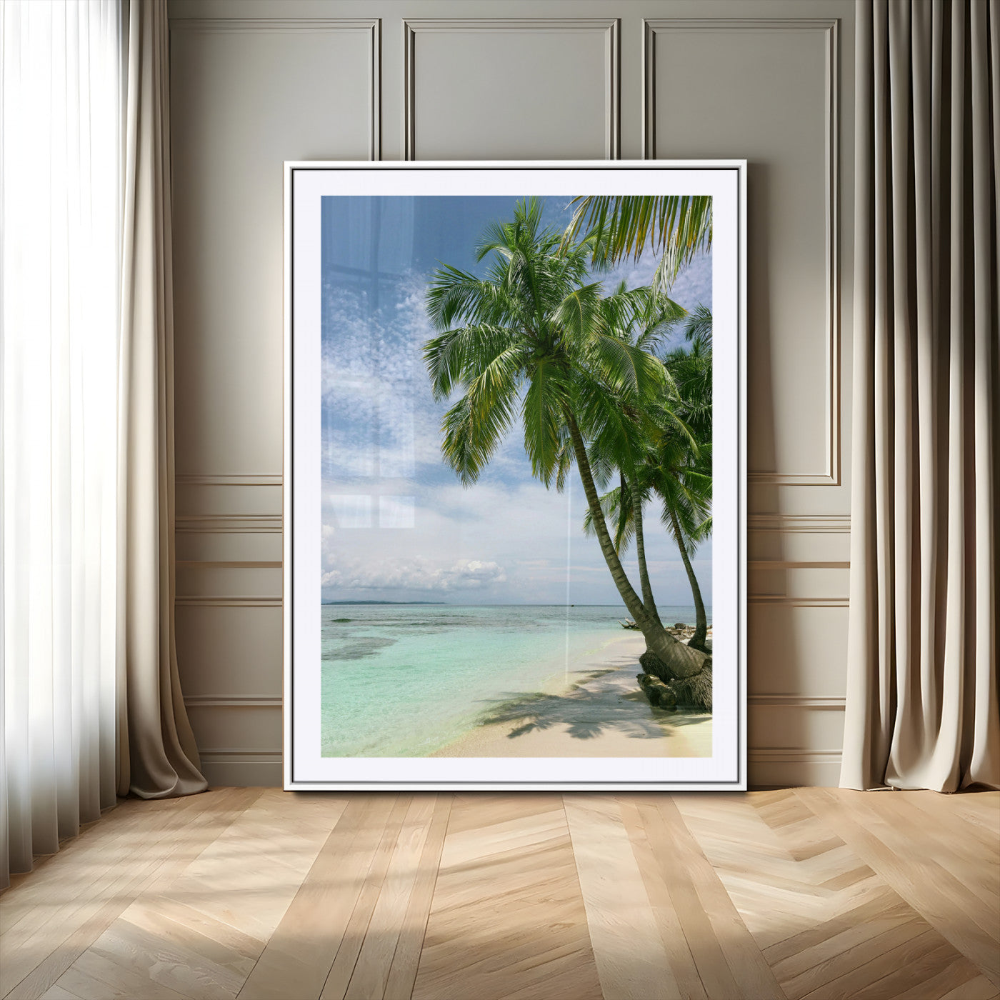 80489589-MGC-FP-24x36_White-Tropical Beach Palm Trees Canvas Print – Framed Island Coastal Wall Art Bright Ocean Horizon Photography for Home, Office