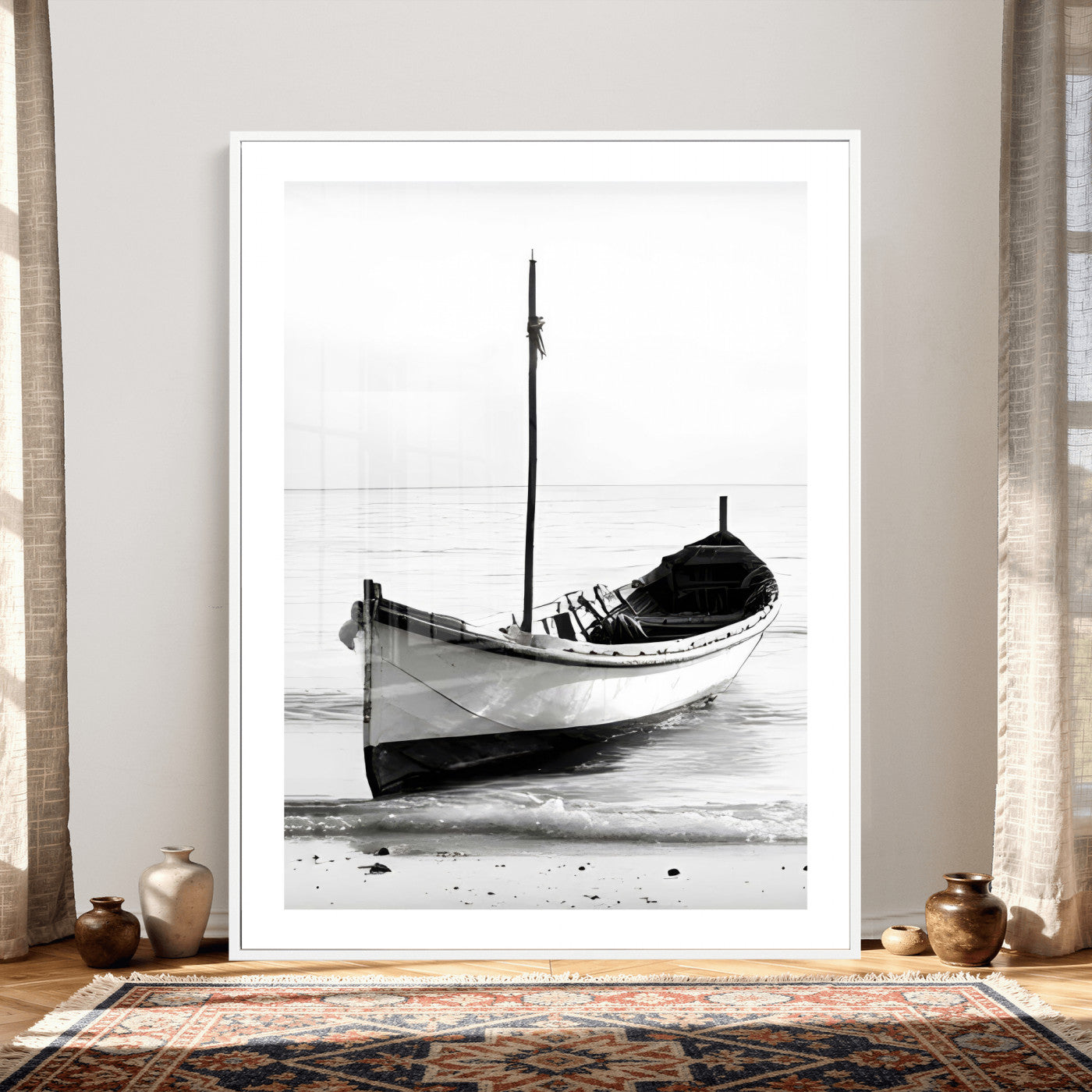 13080776-MGV-CV-24X36 - Minimal Boat Wall Art Canvas Print – Black and White Coastal Photography Artwork Print for Living Room, Bedroom, and Office Decor