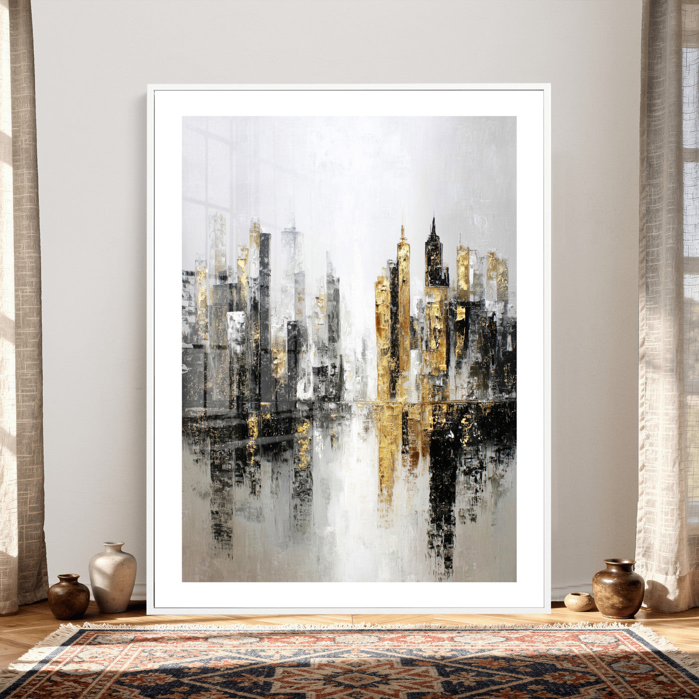 38126217-MGV-CV-24X36 - Abstract Urban Reflection Wall Art Canvas Print, Gold Black Modern Architecture Canvas Print, Contemporary Moody City Artwork for Living Room Decor