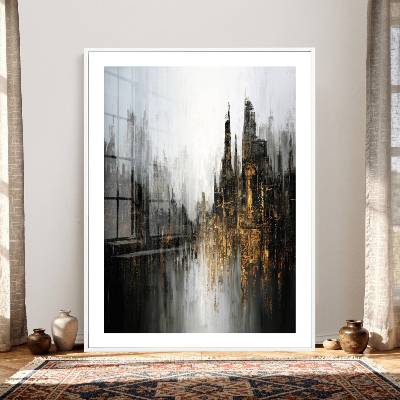 39629486-MGV-CV-24X36 - Abstract Urban Reflection Wall Art Canvas Print, Gold Black Modern Architecture Canvas Print, Contemporary Moody City Artwork for Living Room Decor
