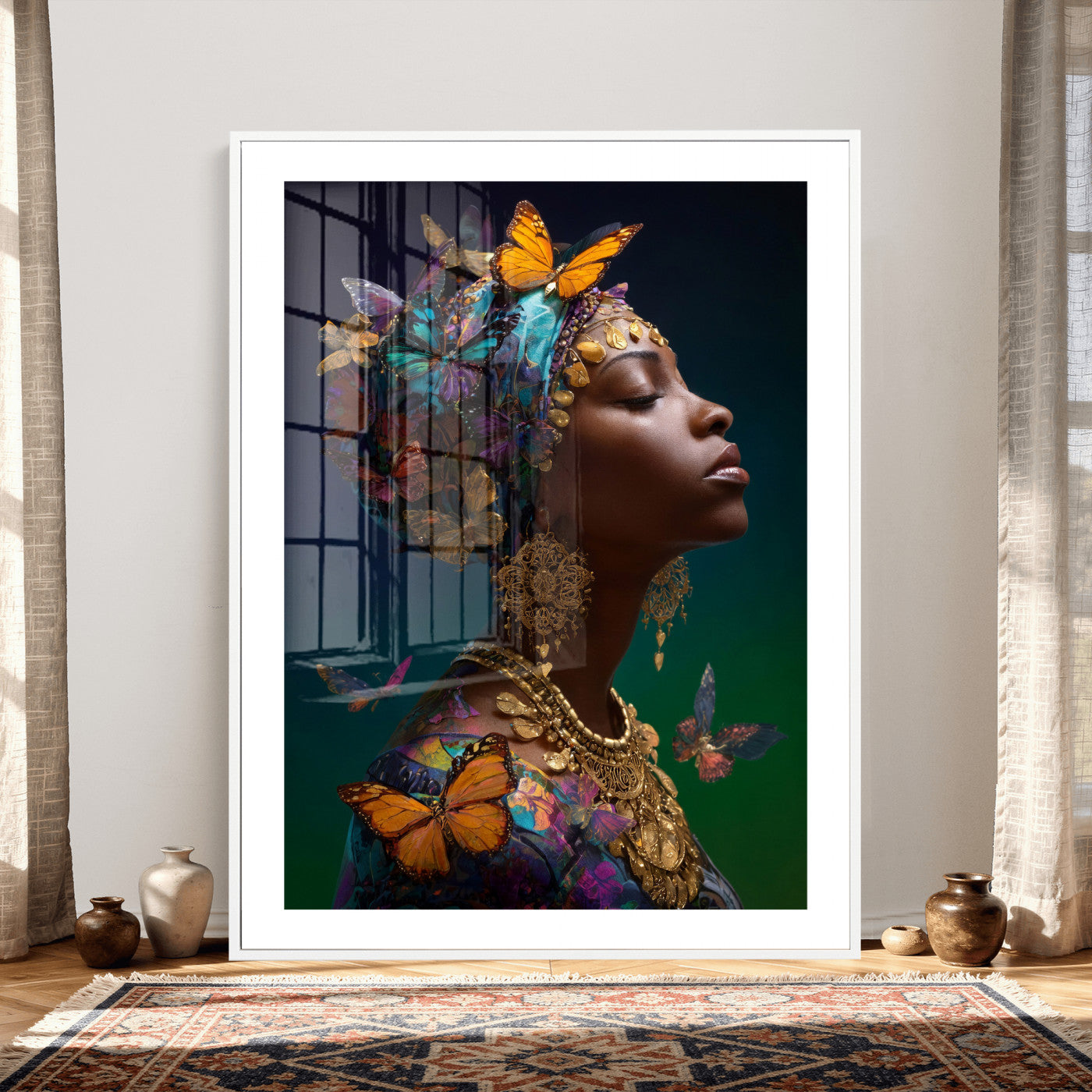 620930SZC0-MGV-CV-24X36 - Butterfly Crown Gold Woman Portrait — Monarch Queen Canvas Print | Teal Dark Fantasy Art | Boho Bedroom Wall Decor | Empowerment Gift Her