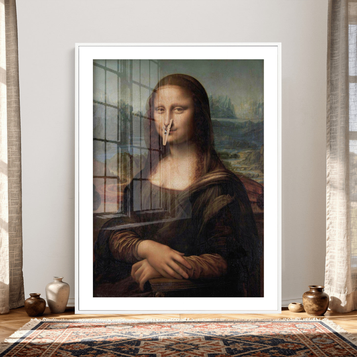 59125950-MGV-CV-24X36 - Funny Bathroom Canvas Wall Art Print, Mona Lisa Clothespin Nose Humor Decor, Classic Art Parody, Toilet Room Wall Art, Quirky Housewarming Gift, Eclectic Home Decor