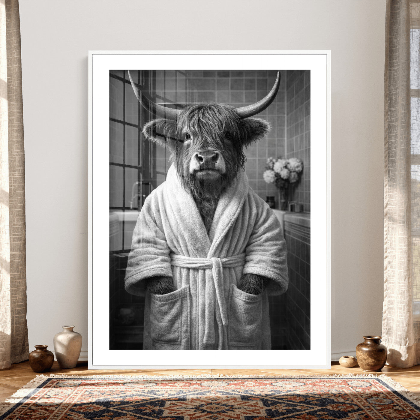 98453723-MGV-CV-24X36 - Funny Bathroom Wall Art Canvas Print, Highland Cow in Bathrobe, Black and White Humor Decor, Animal Bathroom Print, Farmhouse Bathroom Art