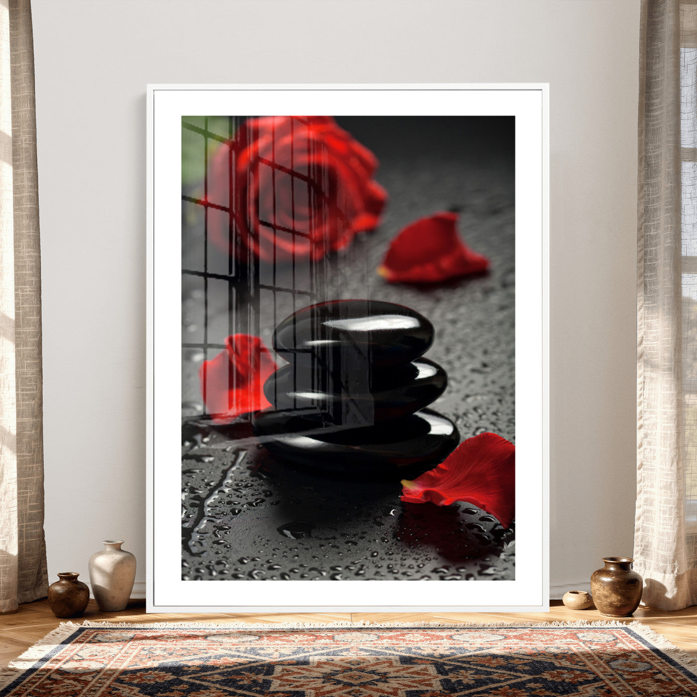 37334763-MGV-CV-24X36 - Black Lava Stone Rose Canvas | Red Rose Spa Photography Print | Stacked Stones Dark Luxury Wall Art | Dramatic Bathroom Decor