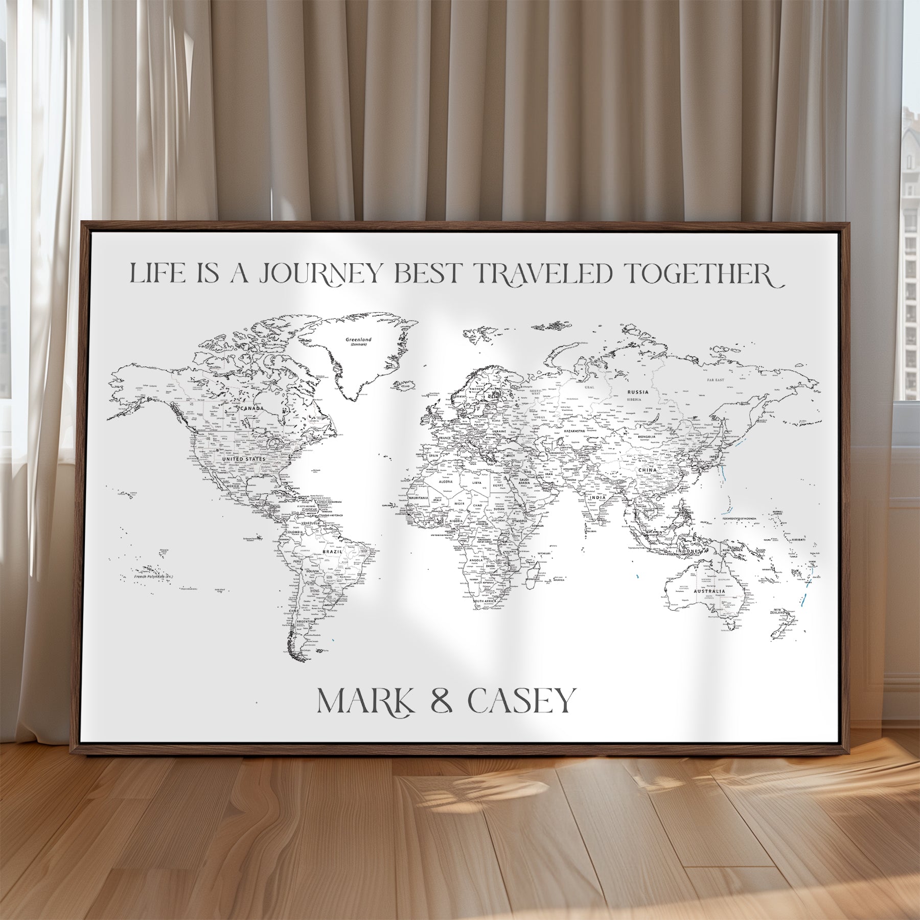 -Custom Push Pin World Map Print Personalized Canvas Wall Art Travel Memories Framed Gift for Couples for Home, Office
