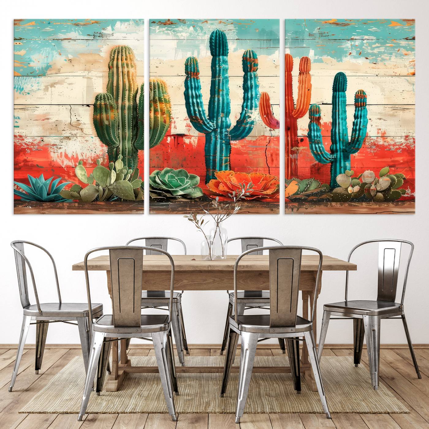 A vivid southwestern-style artwork featuring an eclectic mix of cacti and succulents painted against a textured, rustic wood backdrop in rich turquoise, red, and orange hues.