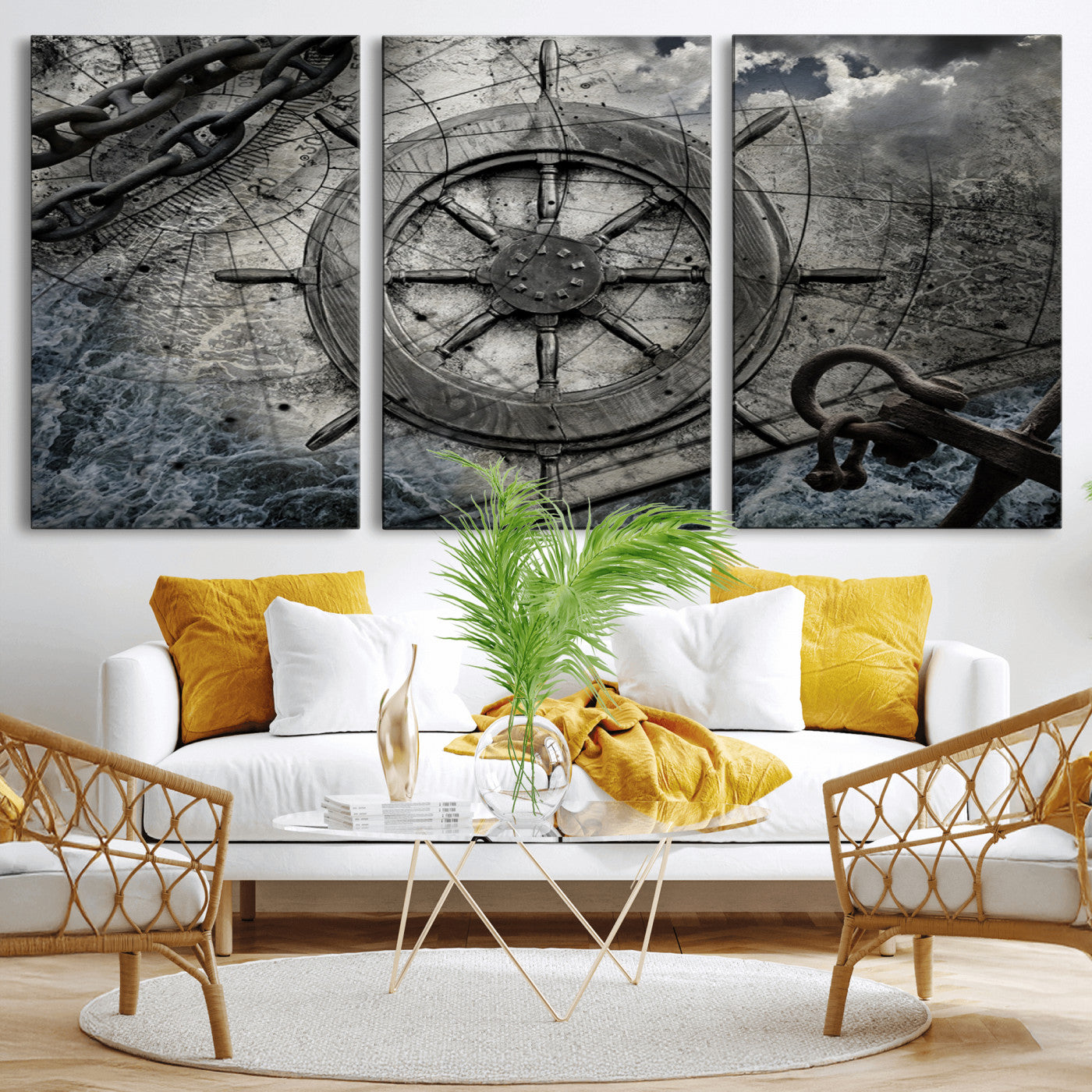 -Ship Steering Wheel Vintage Wall Art Canvas Print