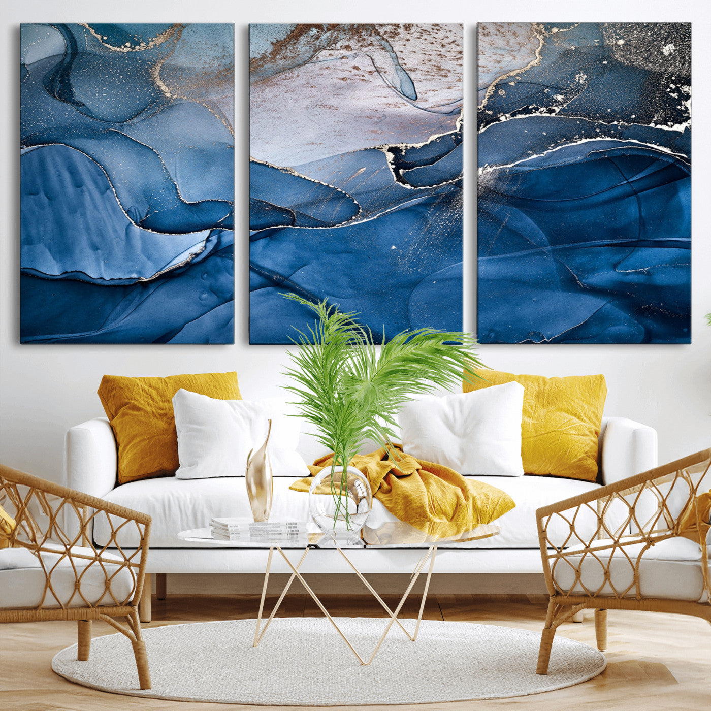 27810-MGV-CV-36X24-Navy Blue Canvas Art Abstract Print – Elegant Triptych Modern Art Print – Contemporary Decor for Living Room or Office