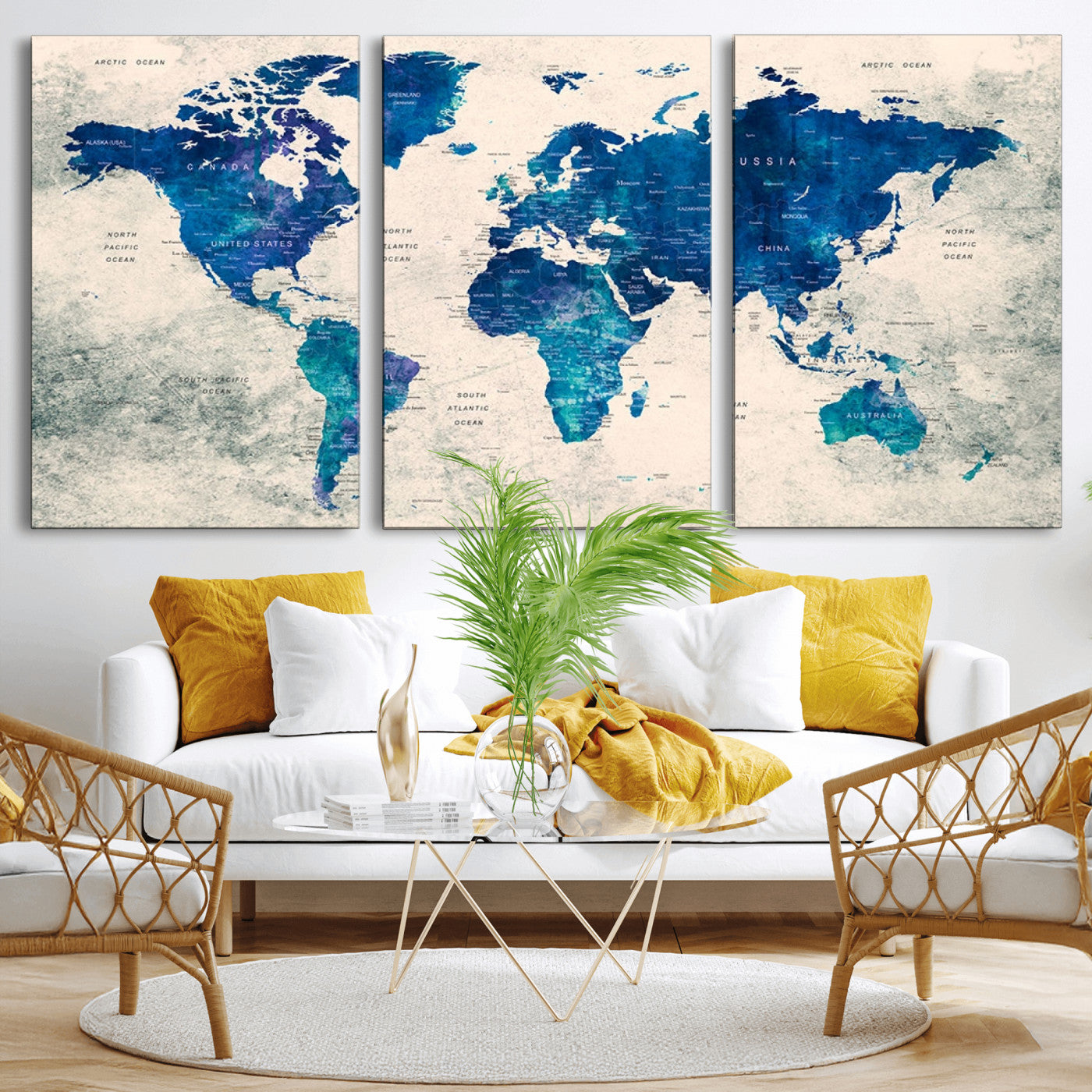 43947-MGV-CV-36X24-Blue Watercolor World Map Canvas Print – Framed Modern Wall Art, Elegant Push Pin Travel Map Decor for Home Office or Living Room