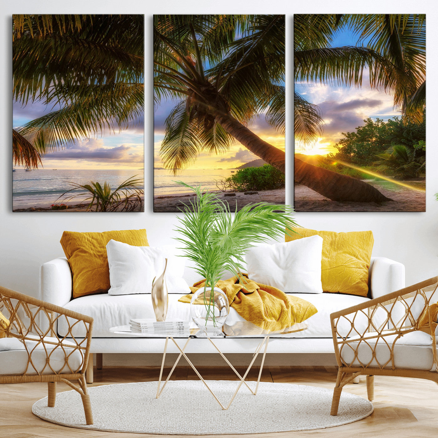 -Tropical Island Sunset on the Beach Palms Wall Art Canvas Print