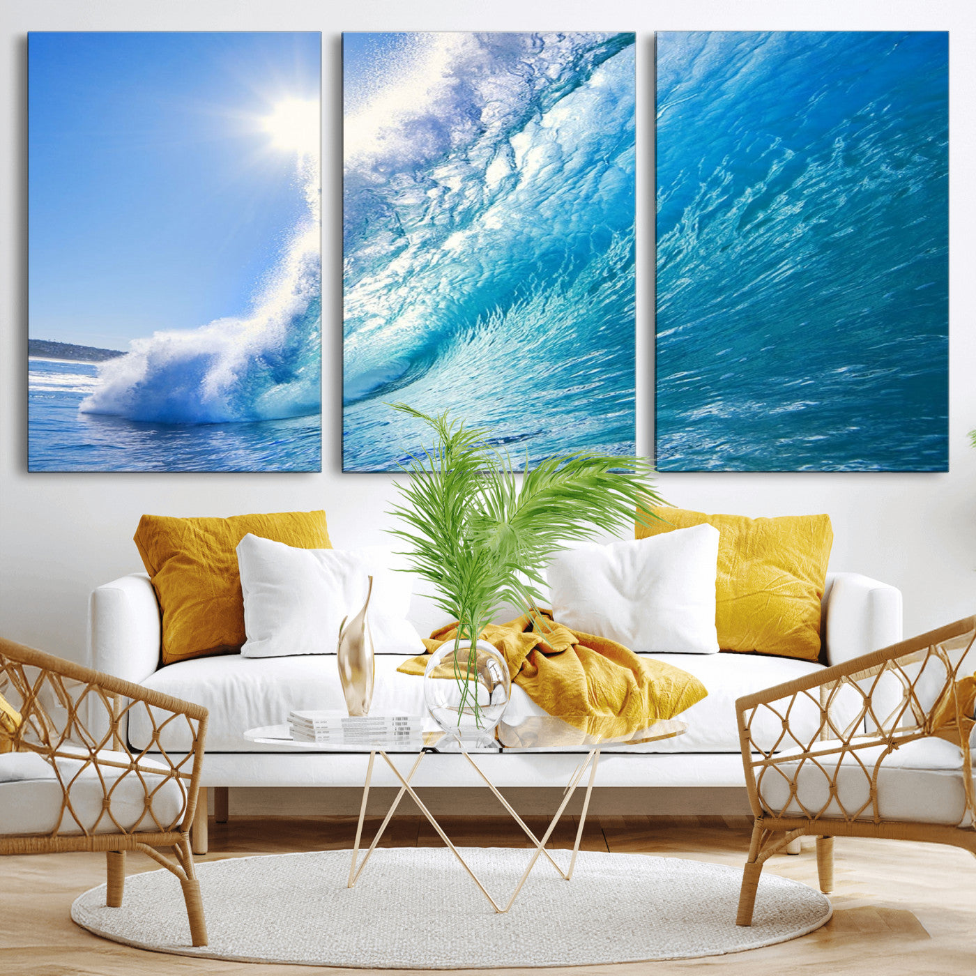 -Blue Big Wave Surfing Ocean Canvas Wall Art Artwork Print