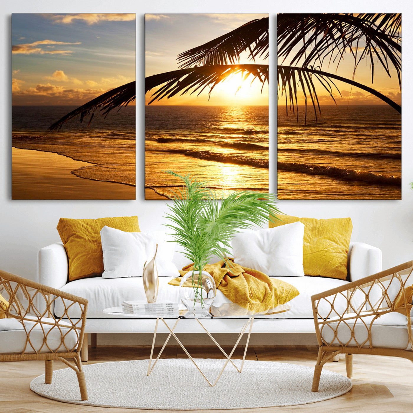 -Golden Tropical Beach Sunset Canvas Triptych, Coastal Palm Tree Wall Art, Ocean Shoreline Giclee