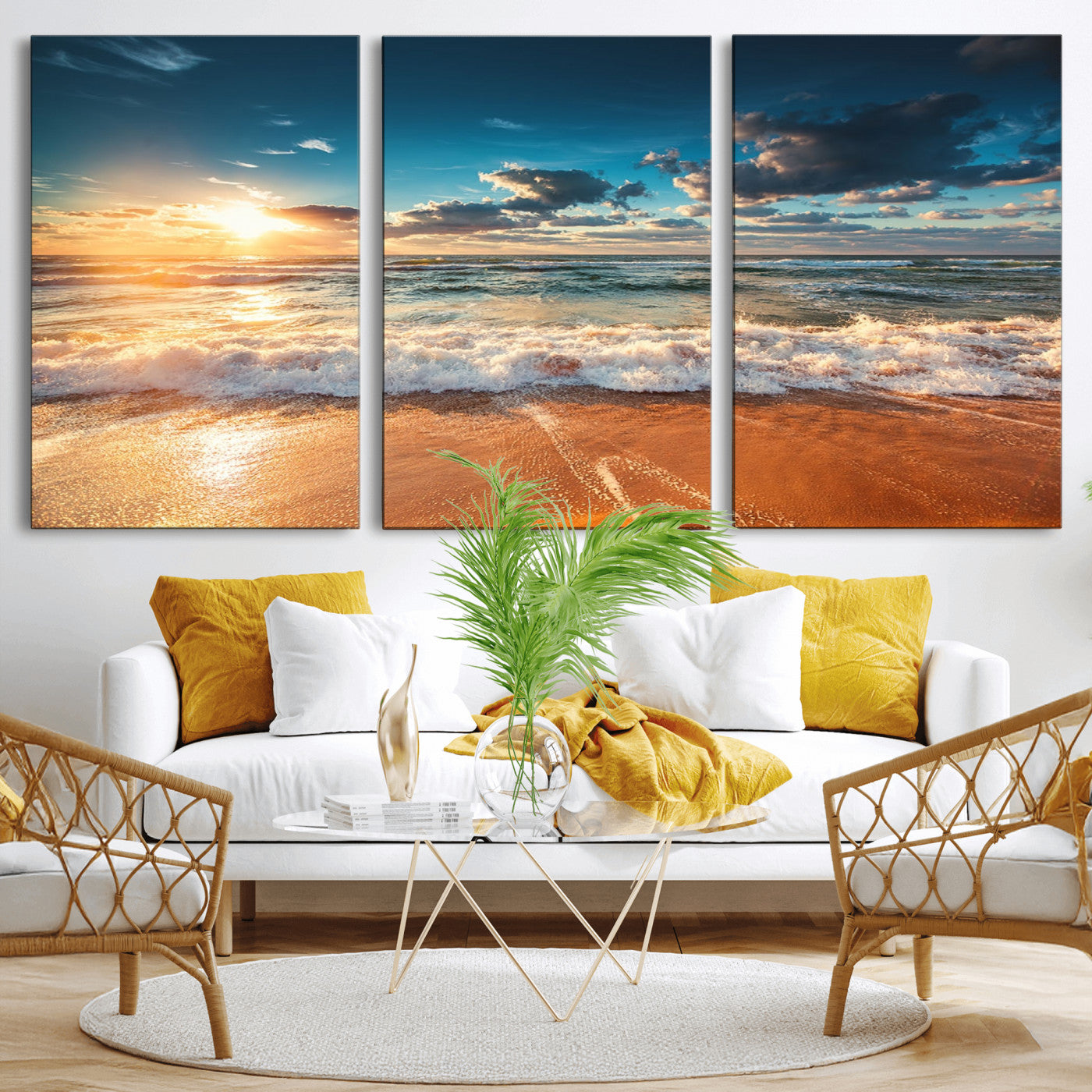 -Golden Sunset Beach Triptych Canvas Art, Giclee Coastal Wall Decor, Ocean Waves Print, Modern Beach