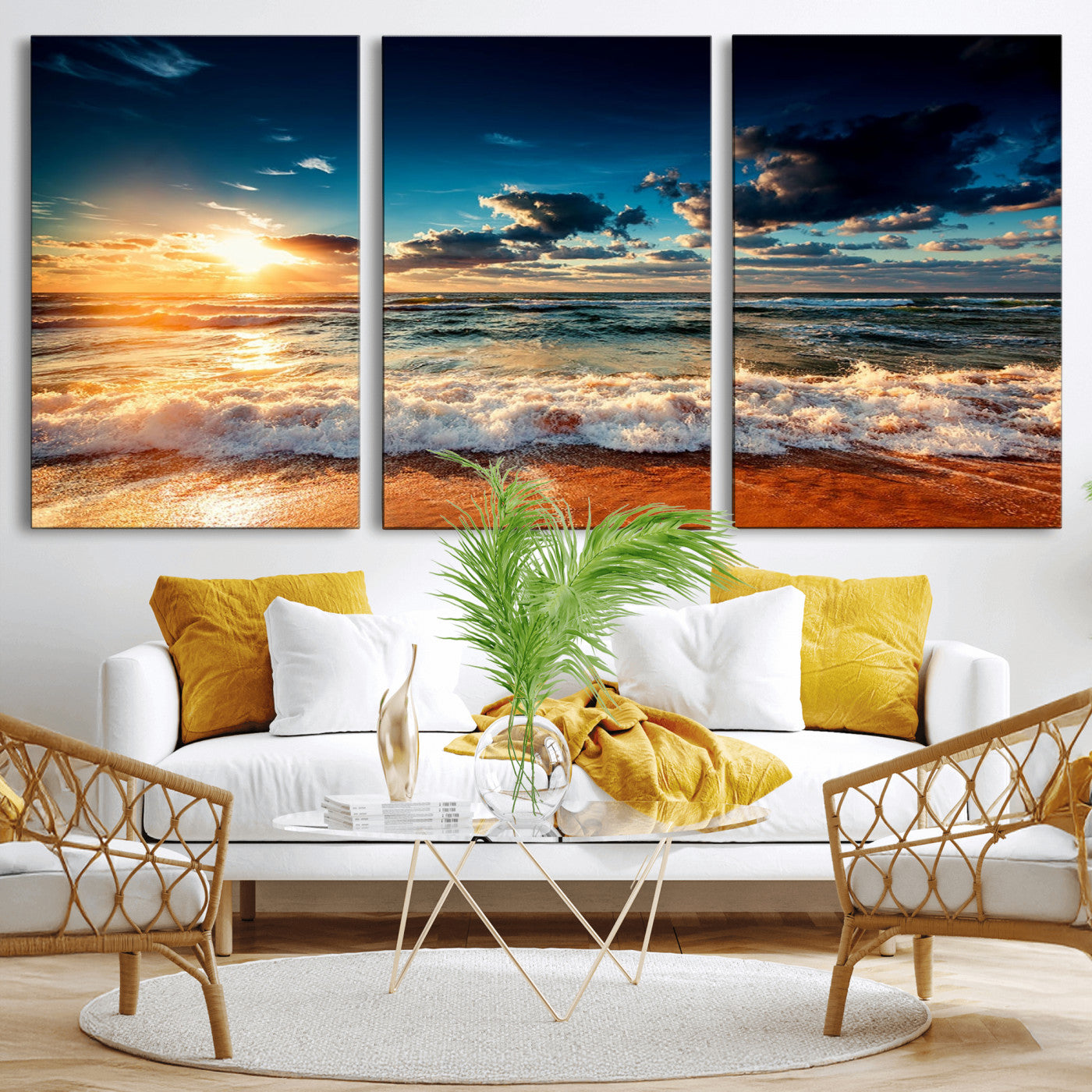 -Golden Hour Sunset Over Ocean Waves Wall Art Canvas Print | 3 Panel Coastal Landscape Canvas Wall