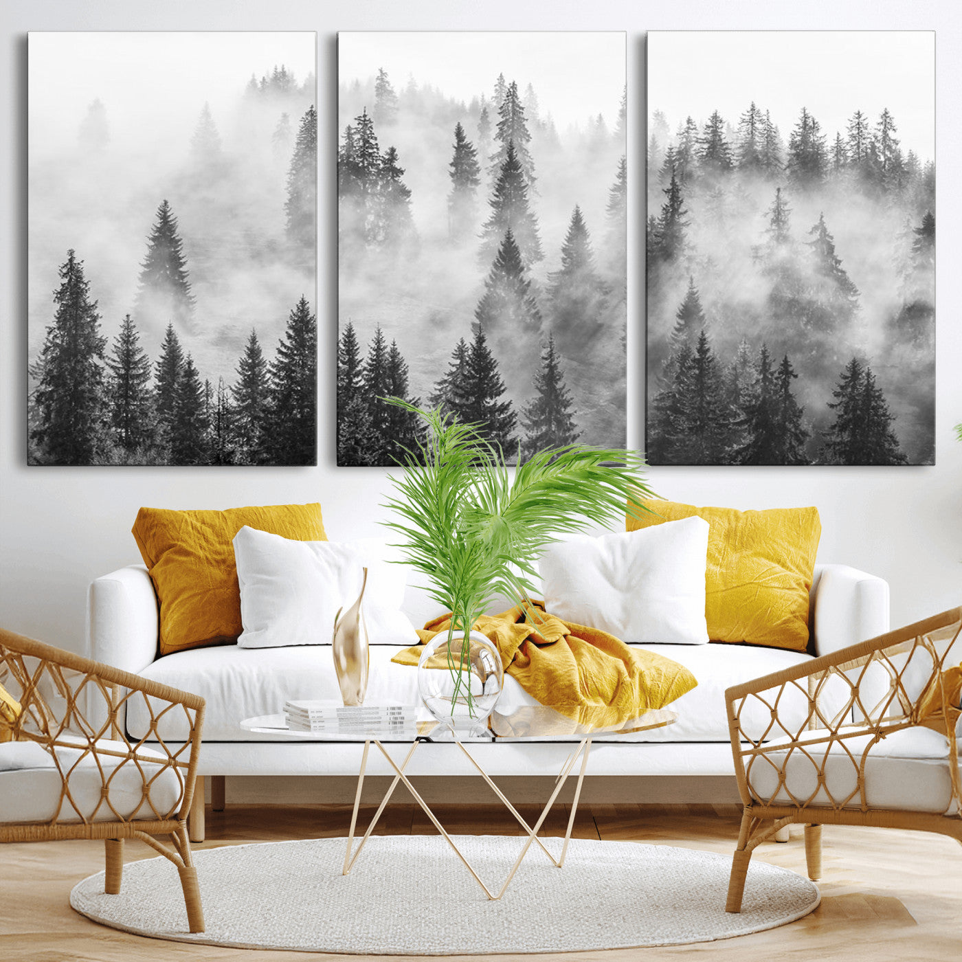10422-MGV-CV-36X24 - Forest Wall Art Print | Foggy Pine Forest Canvas Wall Art - Black and White Nature Decor for Living