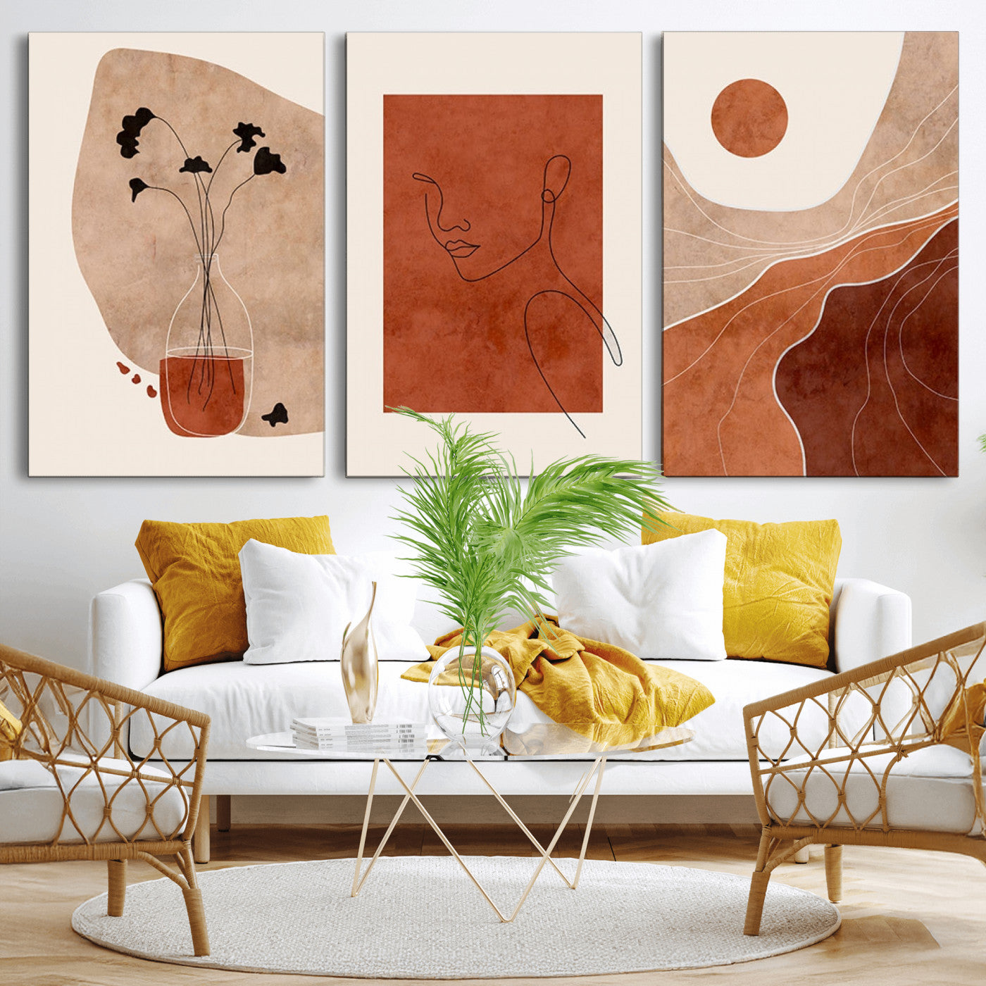 56768-MGV-CV-60X30-3P - Boho Sunset Mountain Canvas Print, Modern Boho Sunset Mountain Landscape Triptych – Giclée Canvas