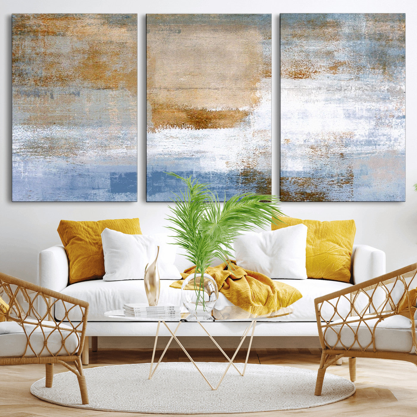 72354-MGV-CV-36X24-Blue Multi Panel Abstract Wall Art Canvas, Abstract Blue and Gold Canvas Print