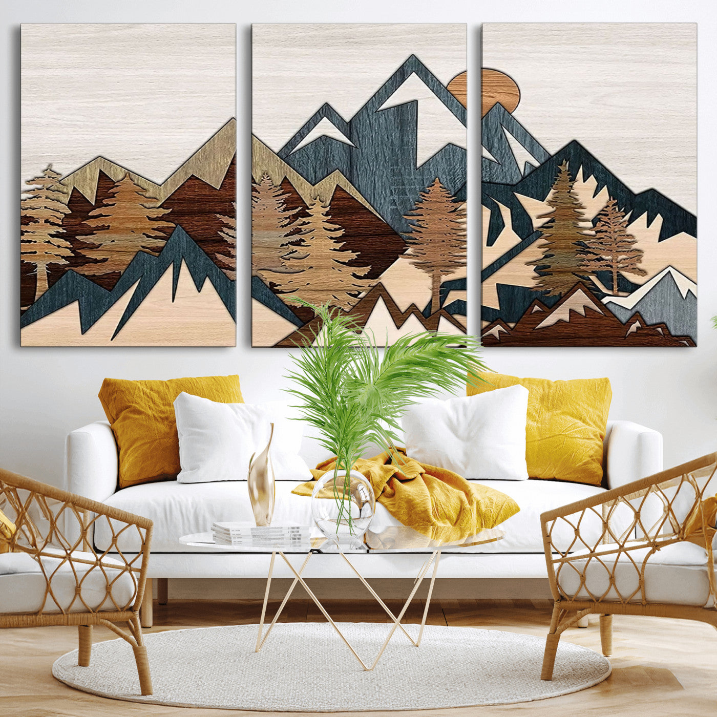 67950-MGV-CV-36X24-Rustic Abstract Wood Panel Effect Canvas Mountain Range Top Wood Wall Art Canvas Print