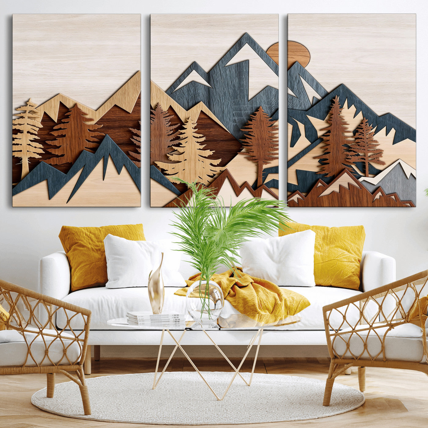 67950-MGV-CV-36X24 - Rustic Abstract Wood Panel Effect Canvas Mountain Range Top Wood Wall Art Canvas Print